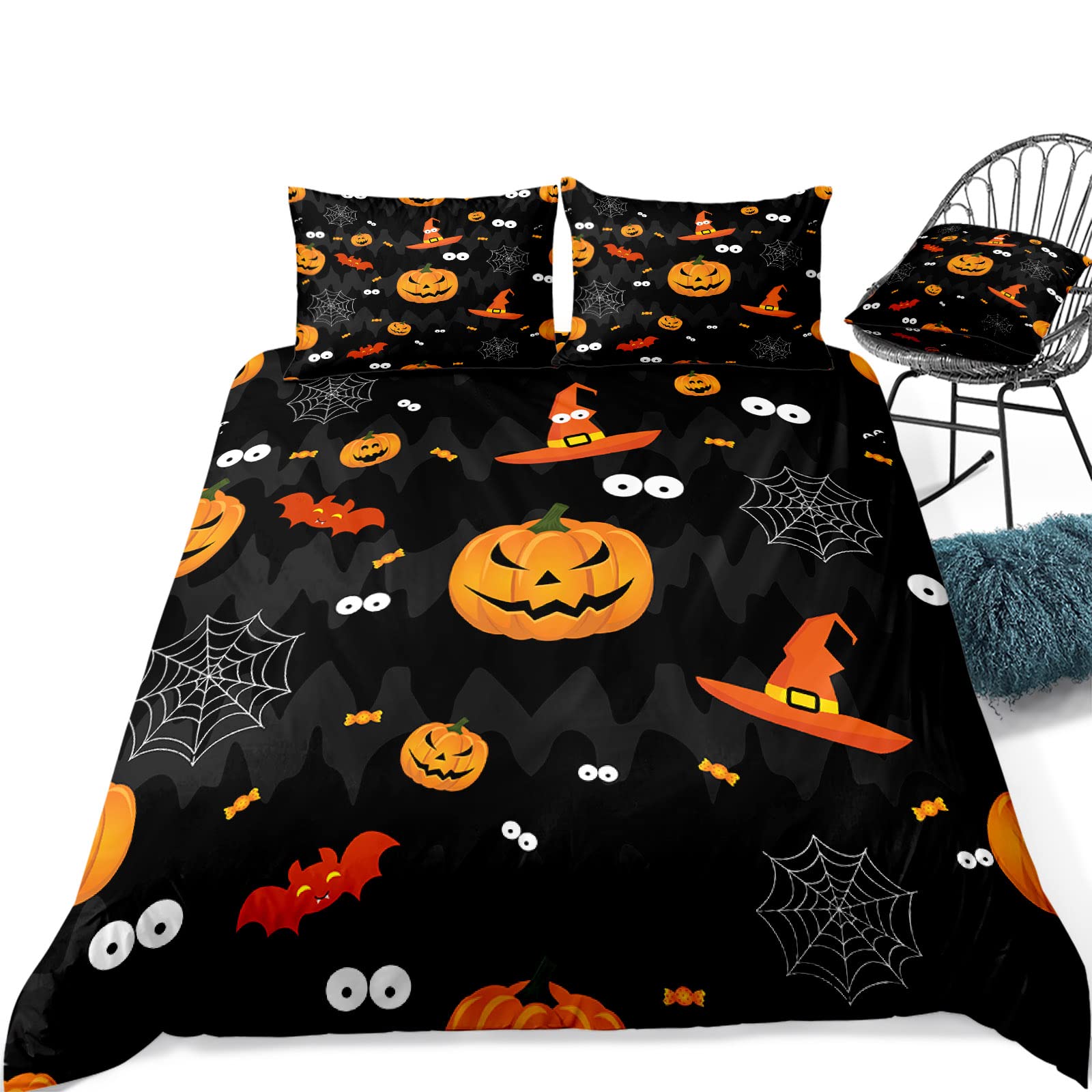 Spooky Halloween Bedding Set - Cartoon Pumpkin Duvet Cover with Bat, Spider Web & Witch Hat Design | Full Size Kids Bedroom Decor for Boys | Perfect for Halloween Parties & Themed Room Decor