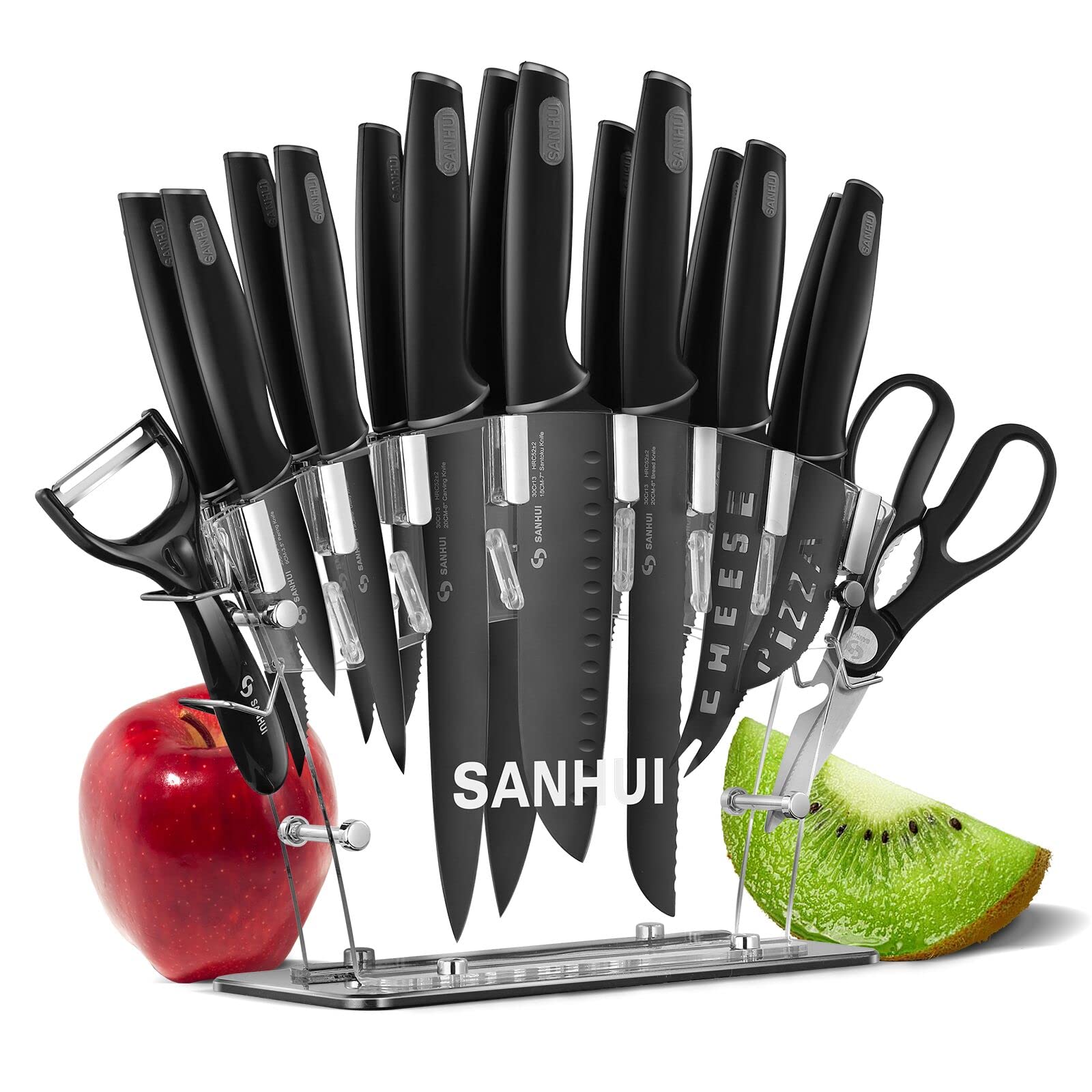 17-in-1 Black Stainless Steel Kitchen Knife Set with Acrylic Stand - 8-Piece Chef Knives, 6 Steak Knives, Scissors & Peeler - Premium Cutlery Set for Cooking, Slicing & Food Prep | Perfect for Home Kitchens, Restaurants & Gifting