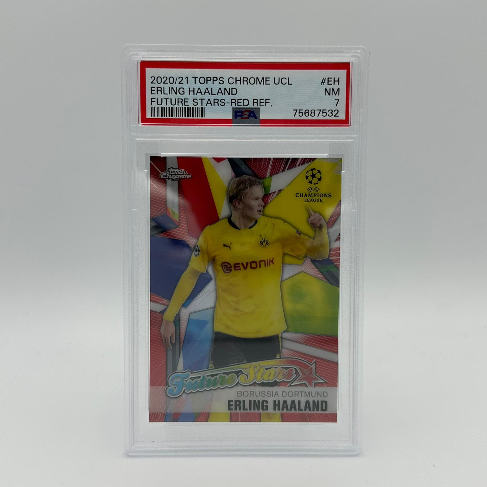 PSA 7 Graded Erling Haaland #FSEH UEFA Champions League Future Star Red Refractor Football Trading Card - Perfect for Collectors & Sports Memorabilia Enthusiasts