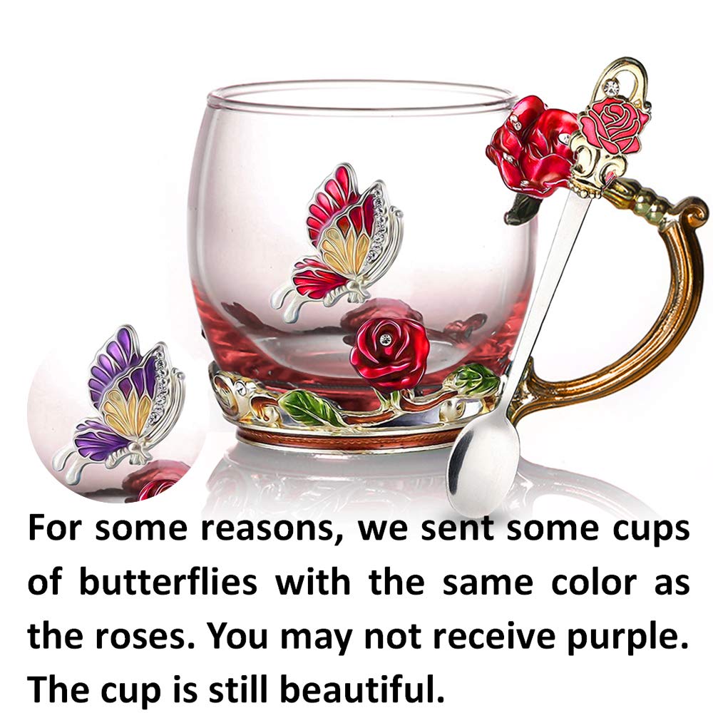Elegant Rose & Butterfly Enamel Tea Cup Set - 12oz Glass Coffee Mug with Spoon - Perfect for Tea, Coffee & Hot Drinks - Unique Birthday, Wedding & Christmas Gift Idea - Ideal for Home, Office & Gifting