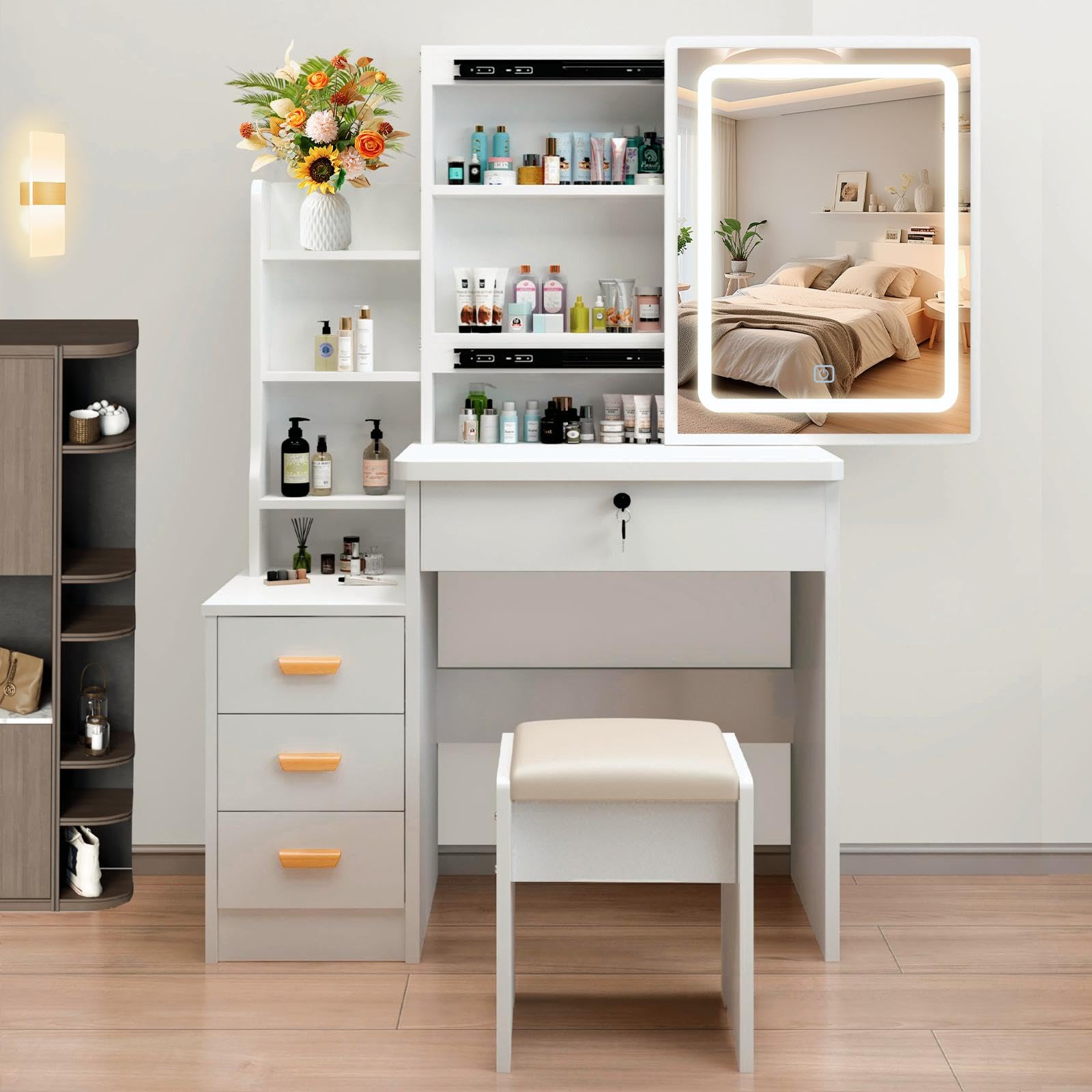 European Style Vanity Desk with Mirror and LED Lights - 3 Lighting Modes, Dressing Table with Drawers & Open Storage Shelves, White Makeup Vanity for Bedroom | Perfect Gift for Women & Girls, Ideal for Daily Beauty Routine and Home Decor