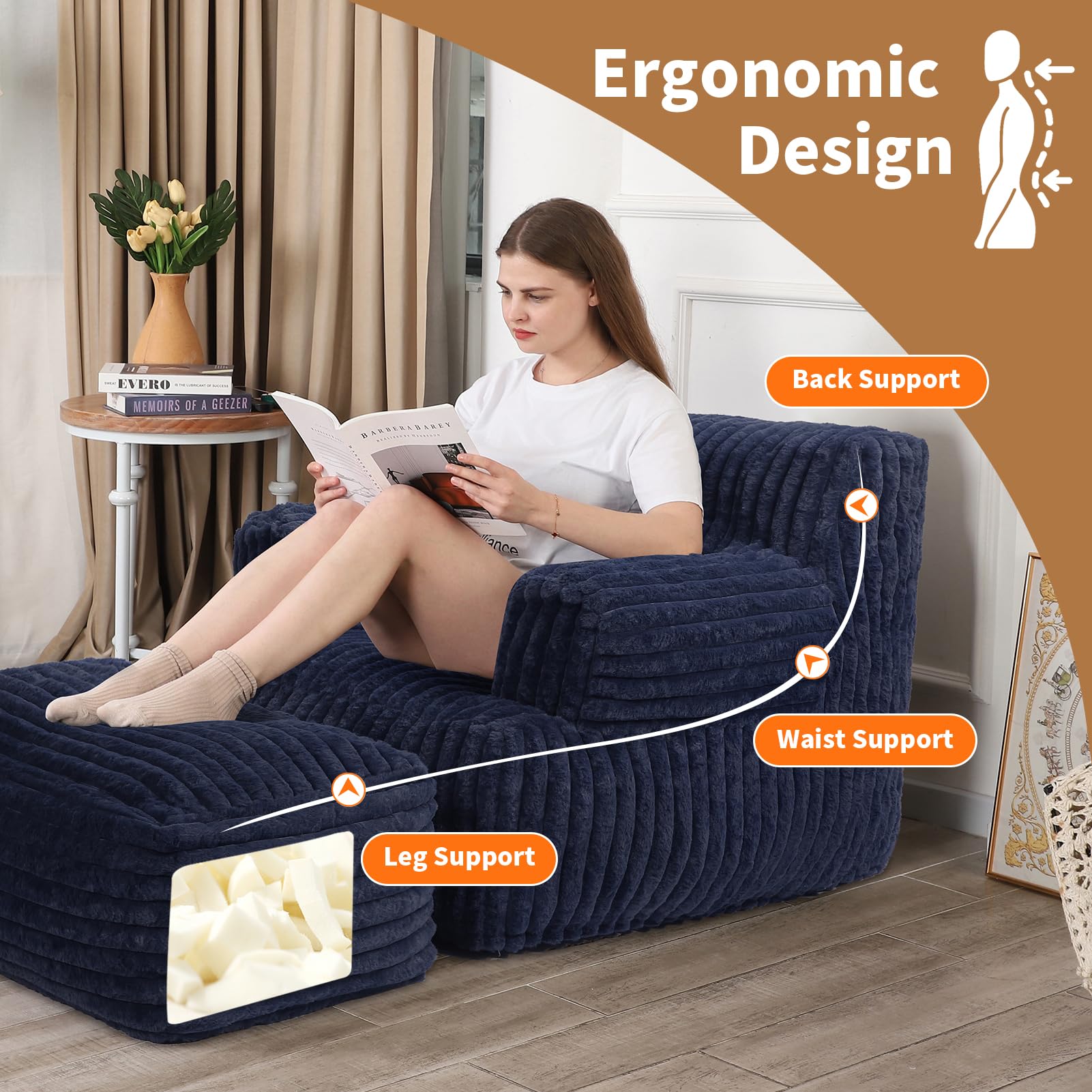 Extra Large Bean Bag Chair for Adults - Oversized Bean Bag Sofa with Ottoman, Ultra Comfortable Reading Chair for Dorm, Living Room & Bedroom (Navy Blue) - Perfect for Relaxing, Gaming & Movie Nights
