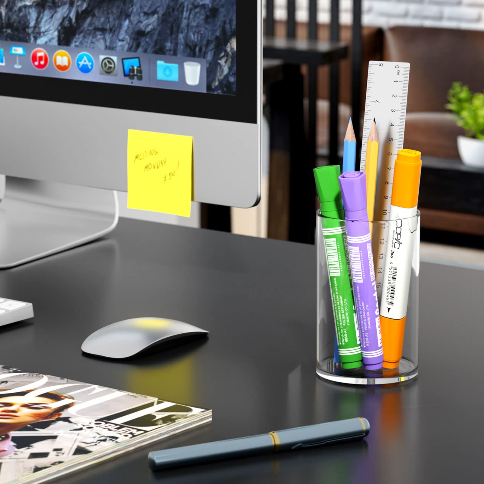 NIUBEE 4-Pack Clear Acrylic Pen Holder for Desk - Round Pencil Cup & Makeup Brush Organizer - Office Desk Accessory for Stationery, Cosmetics & Home Organization (Perfect for Office, Vanity & Study Desk)