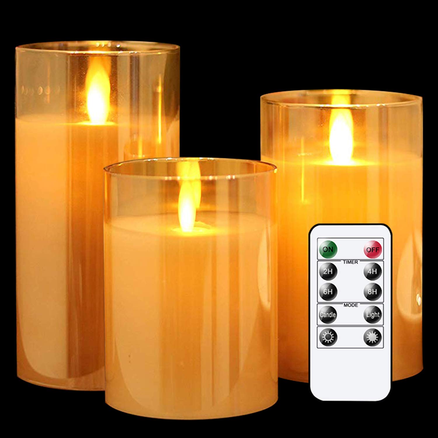 GenSwin LED Flameless Flickering Battery Operated Candles with Remote Timer - Real Wax Moving Wick Pillar Glass Candles for Wedding, Christmas, Home Decor (Gold, 3-Pack) - Perfect for Romantic Dinners, Holiday Centerpieces & Cozy Ambiance