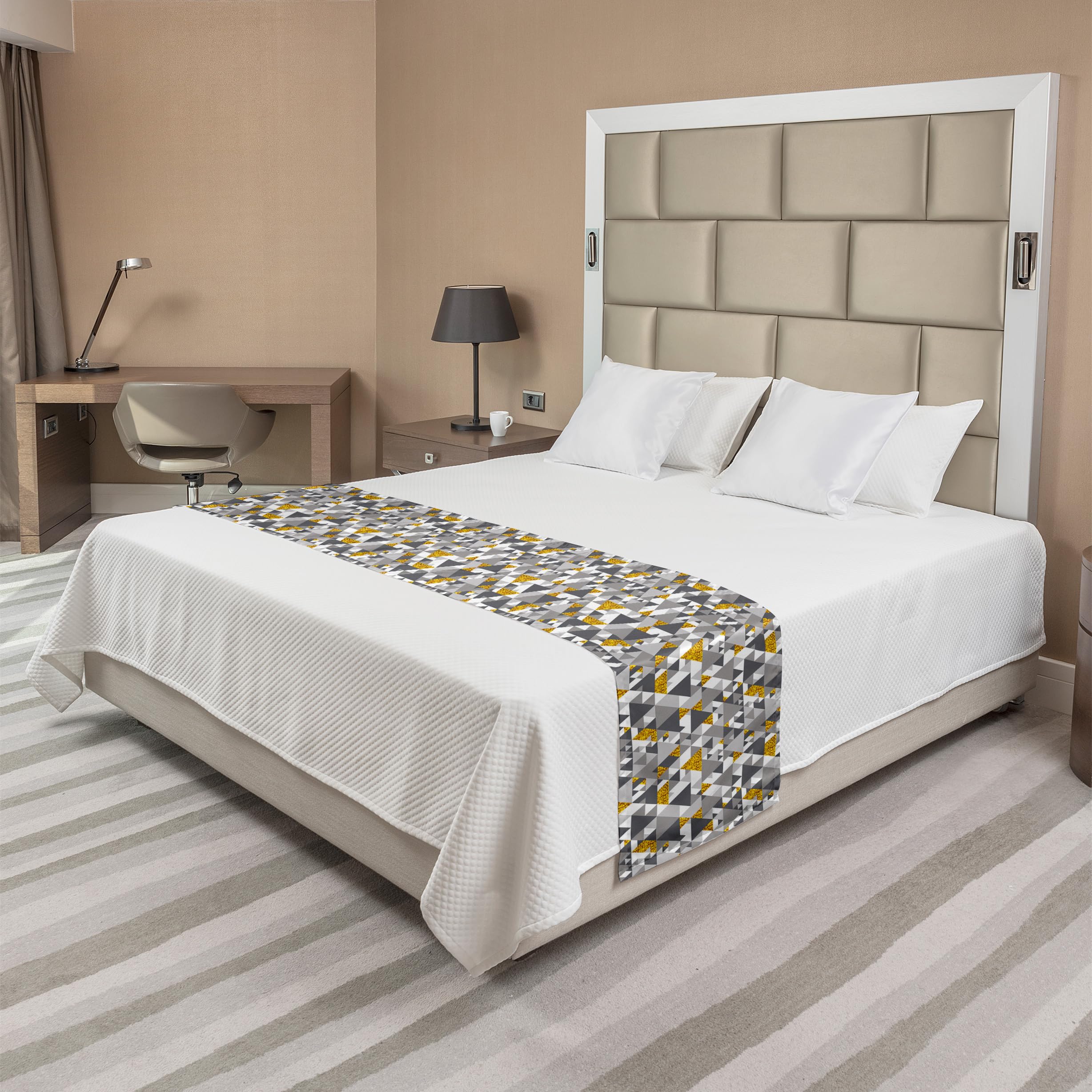 Ambesonne Grey Yellow Bed Runner - Zig Zag Design for Hotels & Homes