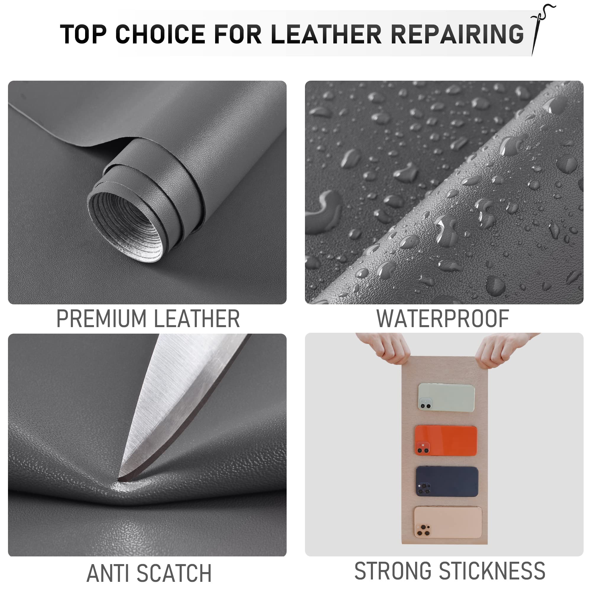 YAFLC Self Adhesive Leather Repair Patch Tape - 8.3×11 Inch Vinyl Leather Repair Kit for Furniture, Car Seats, Chairs, Couch, Sofa & Jackets - Dark Grey | Easy DIY Fix for Scratches & Tears | Perfect for Home, Office & Vehicle Use