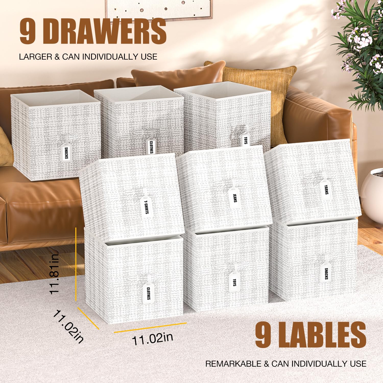 9 Cube Storage Organizer with Printed Drawers - White Toy Cubby Shelf for Kids Room, Closet, Living Room & Dorm - Perfect for Organizing Toys, Books & Home Decor