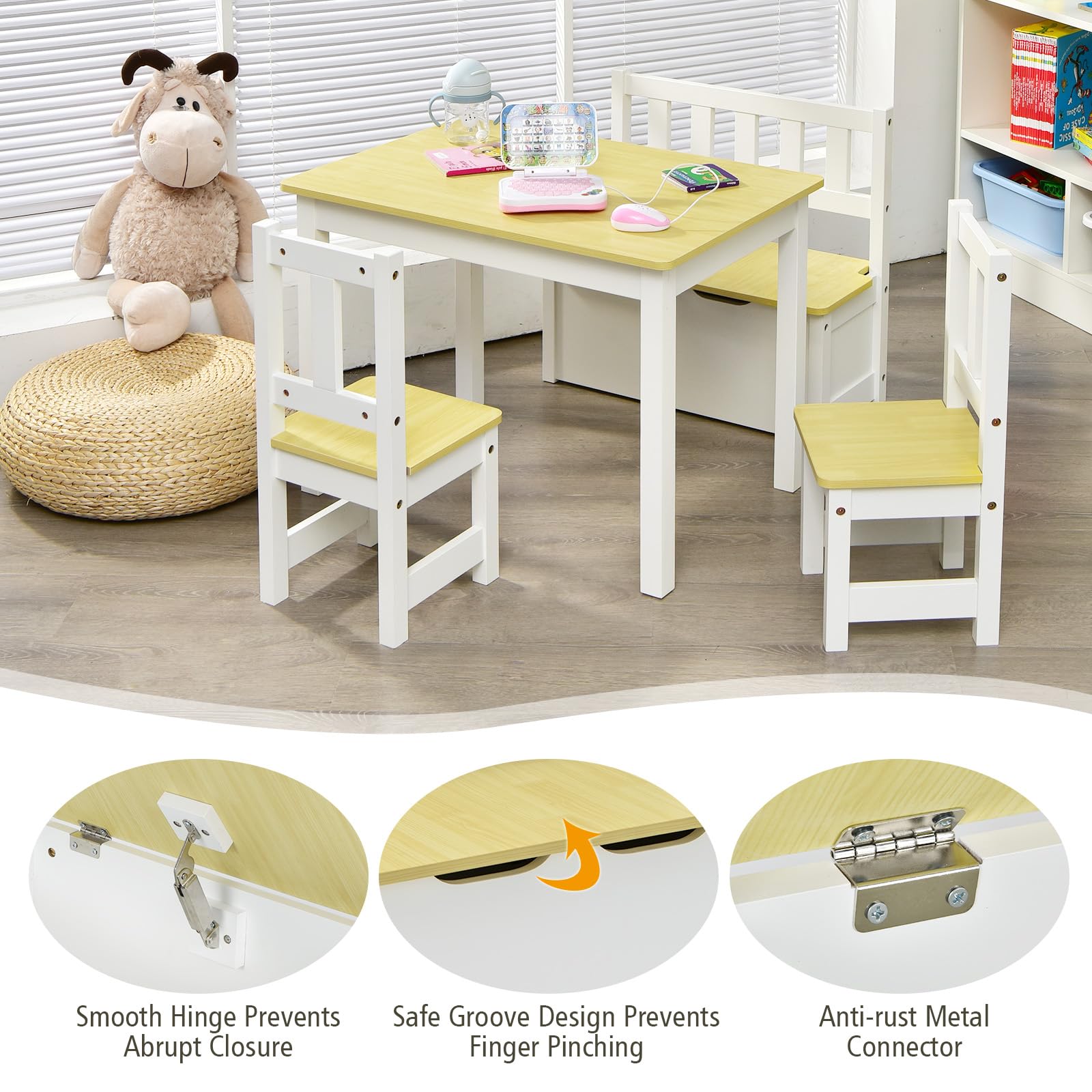 KOTEK 4-Piece Kids Table and Chair Set with Toy Storage Bench - Natural Wood Toddler Activity Table for Arts, Crafts, Snack Time - Perfect for Playroom, Kindergarten & Bedroom (Ideal for Learning, Drawing & Pretend Play)