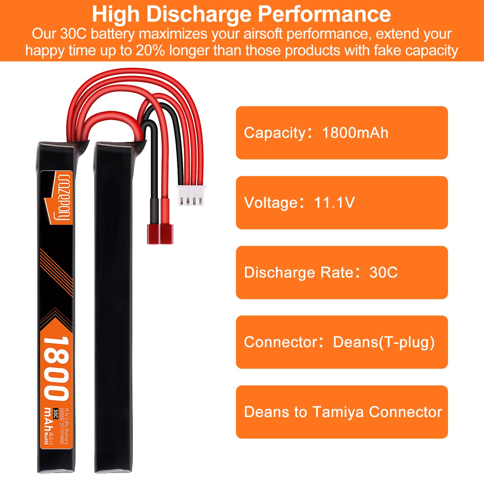 Crazepony 11.1V 1800mAh 3S LiPo Battery with Deans T Plug to Mini Tamiya Adapter Cable - Perfect for RC Cars, Drones, and Remote Control Vehicles