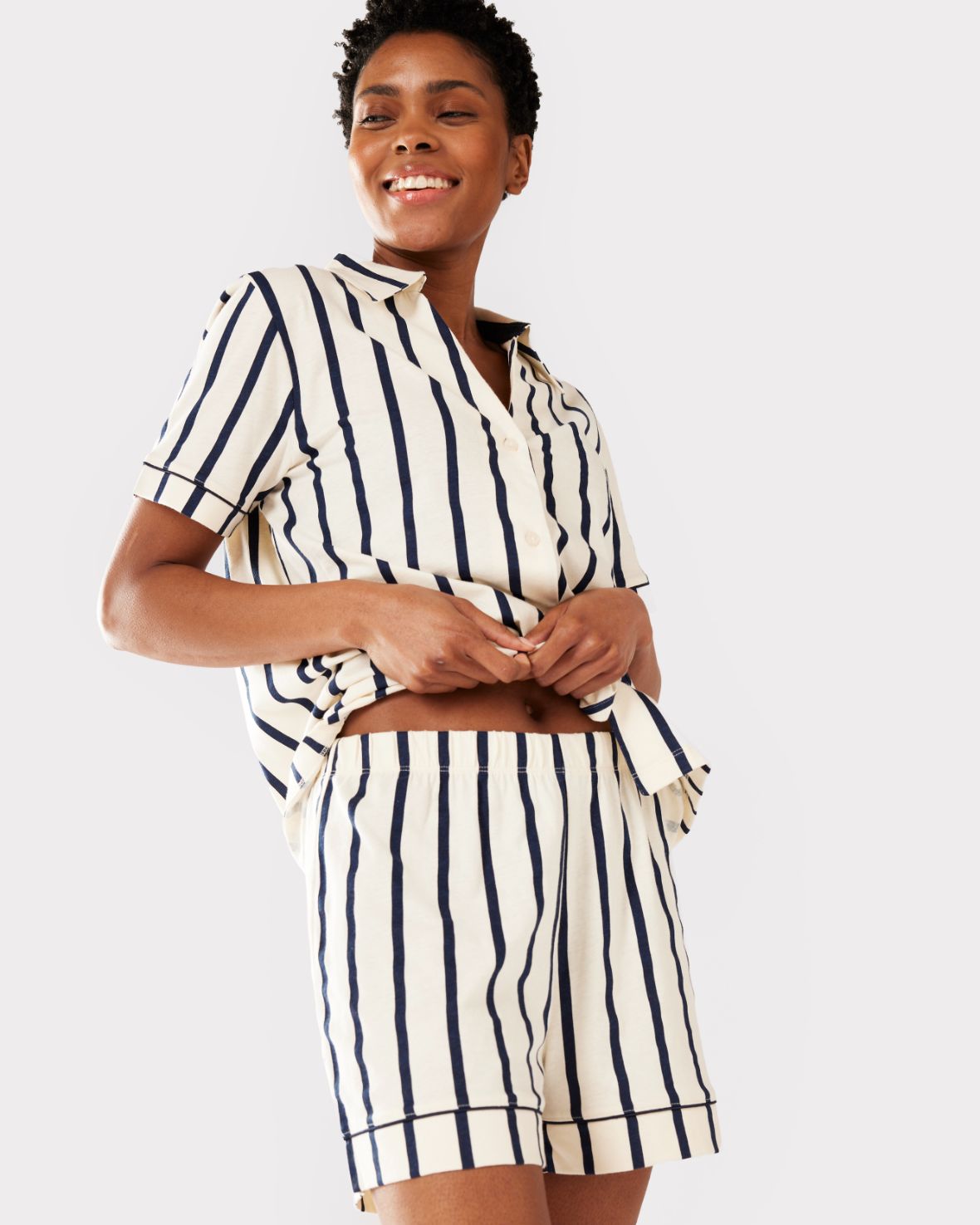 Organic Cotton Striped Short Pajama Set for Women - Navy Blue Sleepwear for Summer & Lounge Wear - Comfortable Nightwear for Relaxing at Home