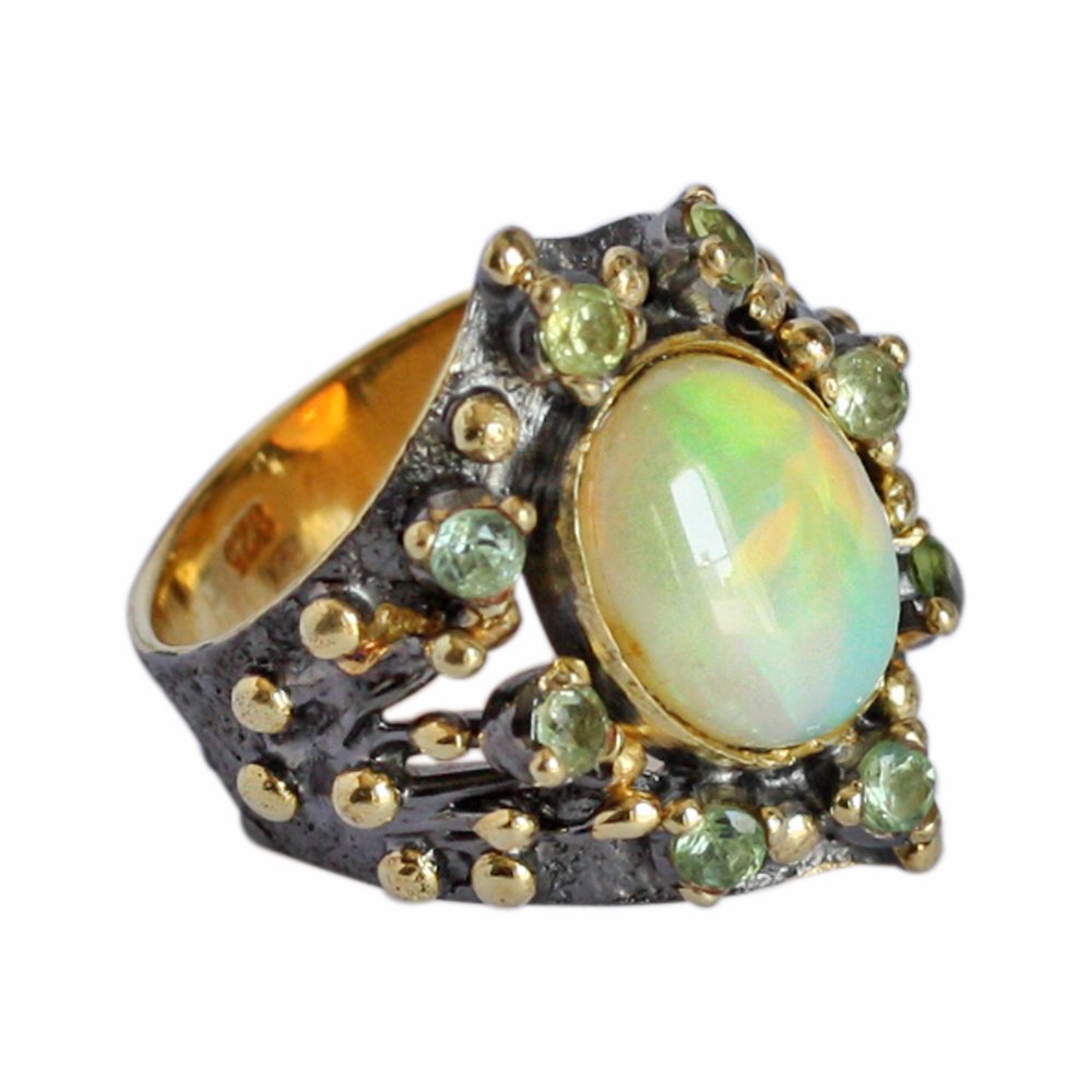 Natural Ethiopian Opal Peridot 925 Sterling Silver Gold Black Rhodium Ring for Women | Bridal Wedding Anniversary Jewelry Gift | Engagement, Party & Special Occasion Accessory