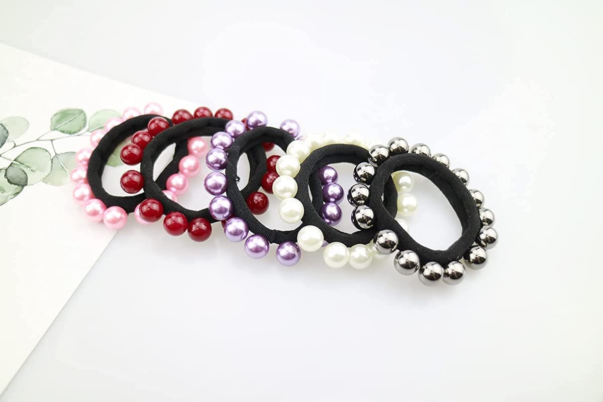 6 PCS Pearl Hair Ties - Beaded Elastic Scrunchies, Stretch Hair Ropes & Ponytail Holders for Women & Girls | Elegant Hair Accessories for Daily Wear, Weddings & Special Occasions
