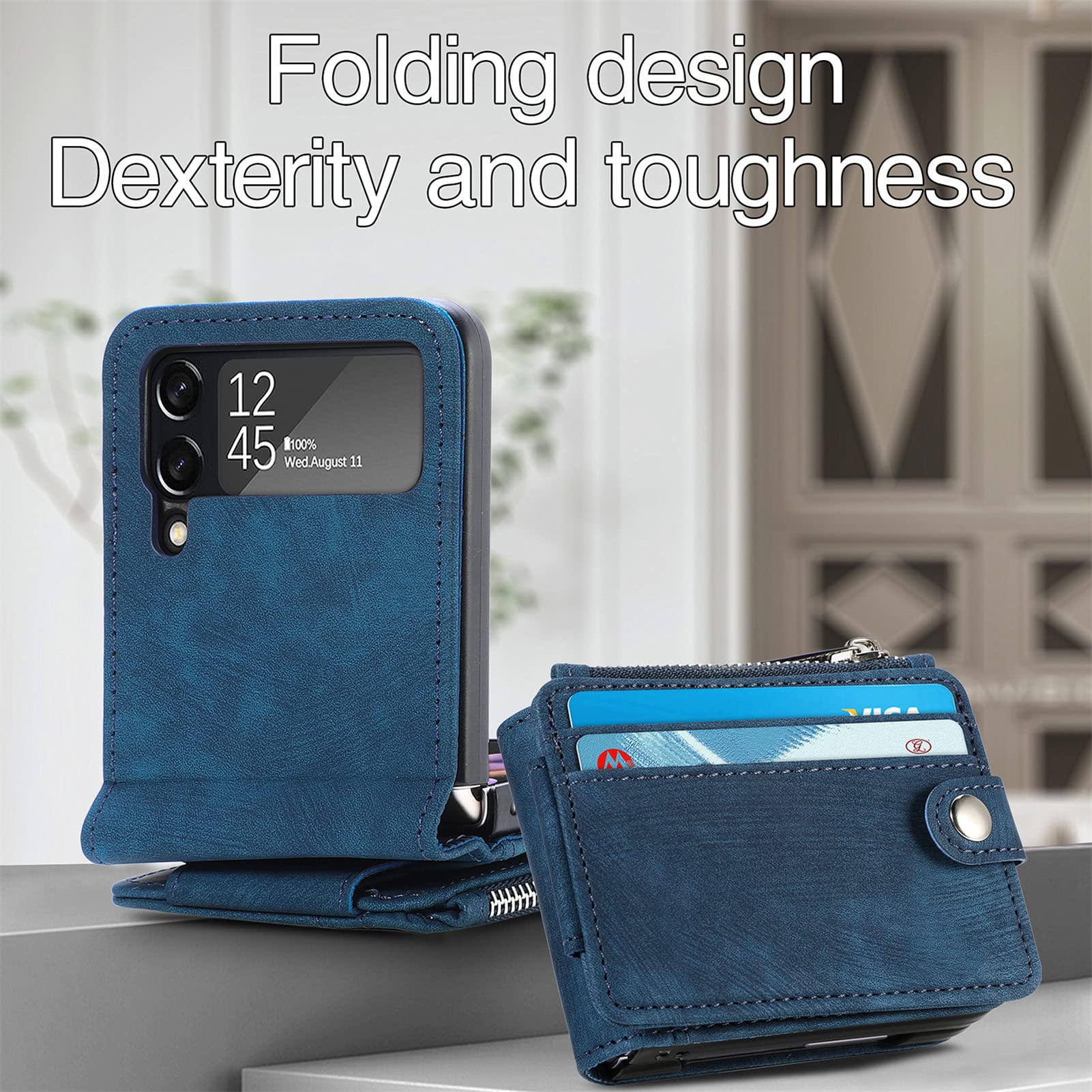 Samsung Galaxy Z Flip 4 Leather Wallet Case with Detachable Card Holder & Magnetic Kickstand - Shockproof Minimalist Front Pocket Phone Cover for Men & Women (Blue) | Perfect for Everyday Use, Travel, and Business Meetings