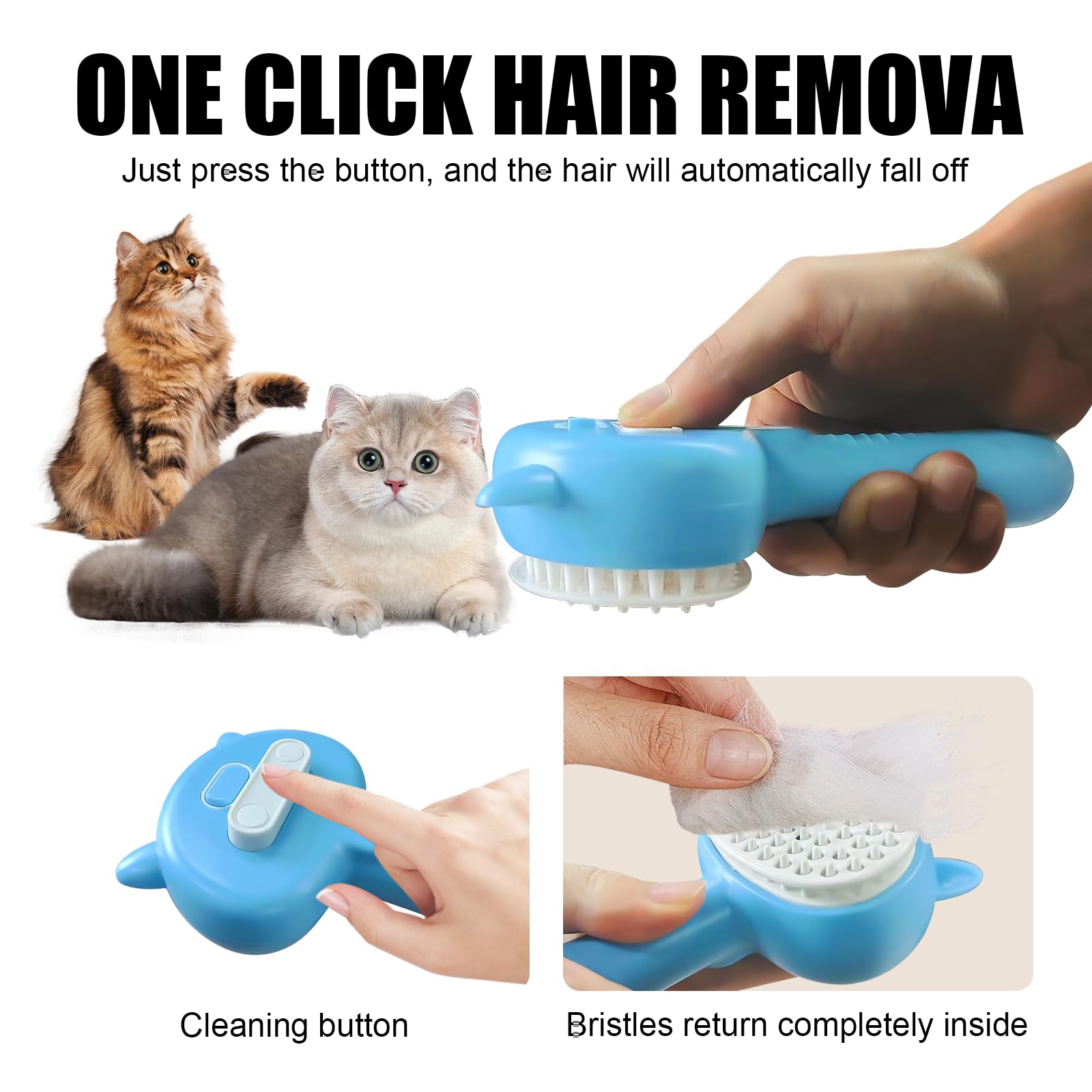4-in-1 Pet Steam Spray Brush with Handle - Rubber Massage Brush for Dogs & Cats - Detangling Comb for Long & Short Hair - Easy Release Button - Blue - Perfect for Grooming, Bathing & Shedding Control at Home