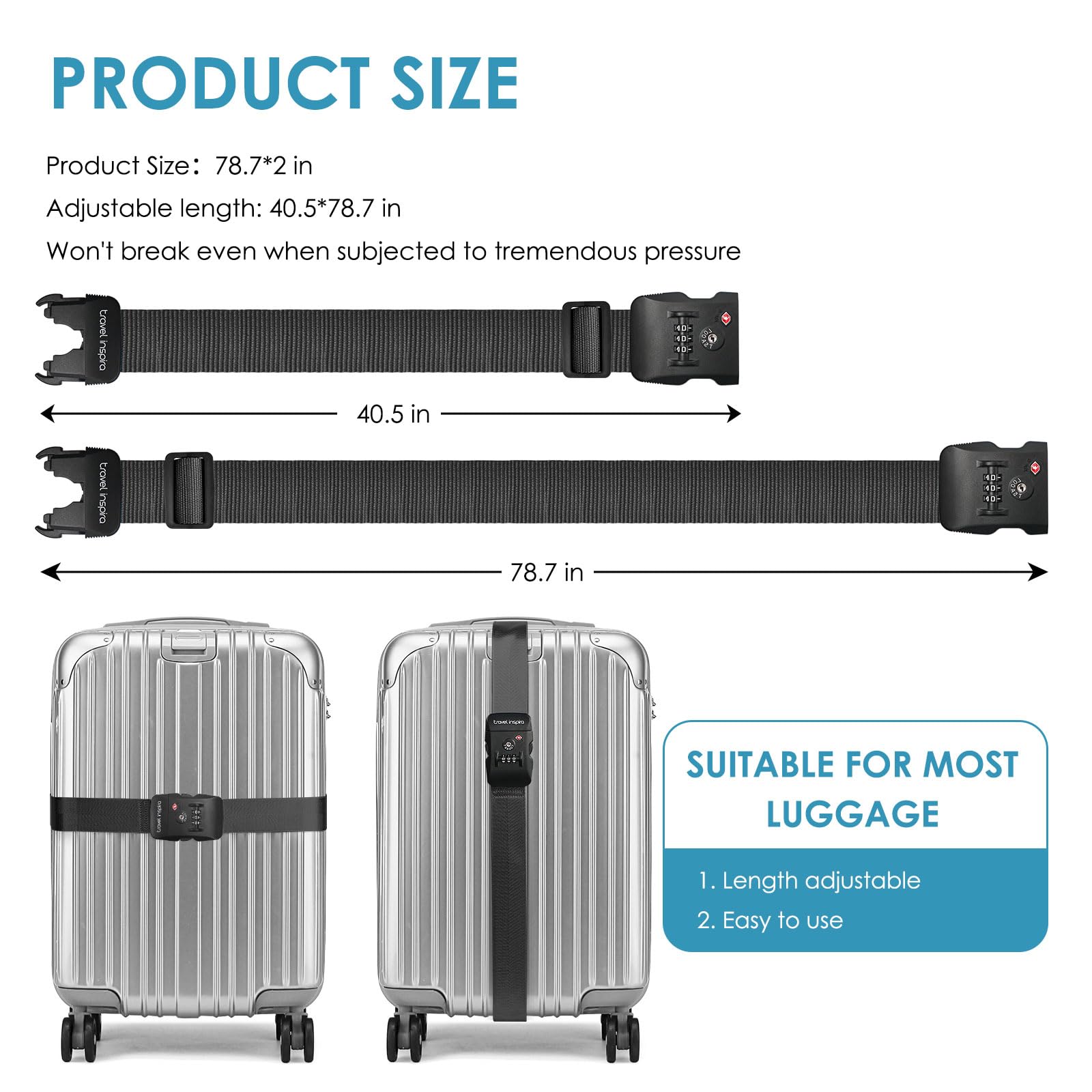 TSA Approved Adjustable Luggage Strap with Combination Lock - Secure & Easy-to-Use Travel Belt for Suitcases, Bags & Backpacks (Black) - Perfect for Airports, Train Travel & Vacation Packing