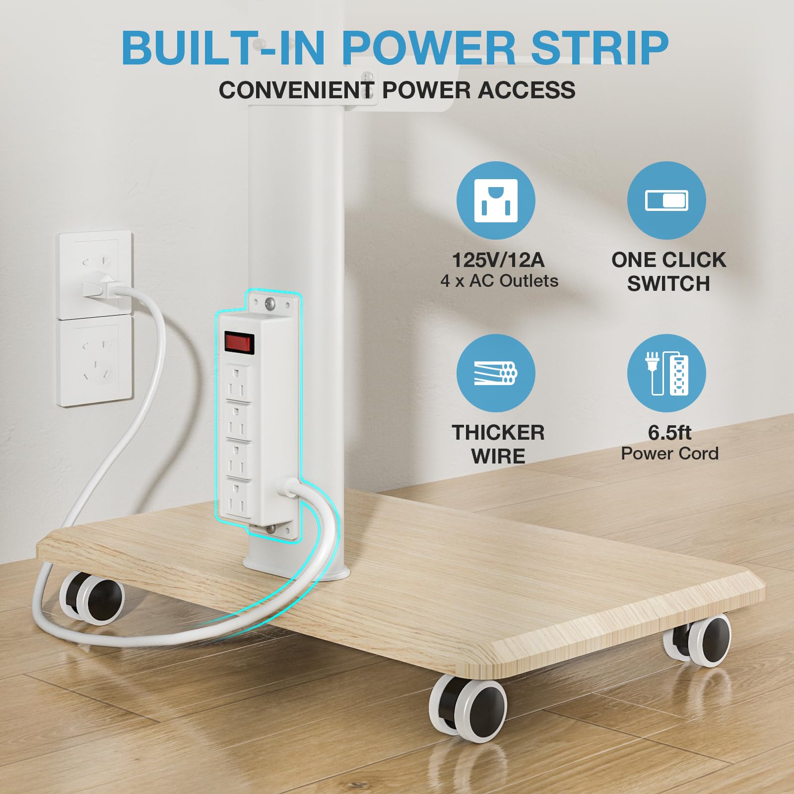 Universal TV Stand for 32-70 Inch TVs - Swivel Rolling Height Adjustable Mobile TV Stand with Power Outlet, Wood Base White Entertainment Center - Perfect for Living Room, Bedroom, or Home Theater Setup
