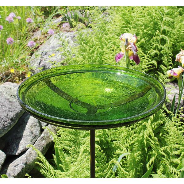 Fern Green Crackle Glass Birdbath Bowl for Garden Decor - Handmade Outdoor Bird Feeder with Crackled Texture, Perfect for Attracting Birds to Your Backyard or Patio