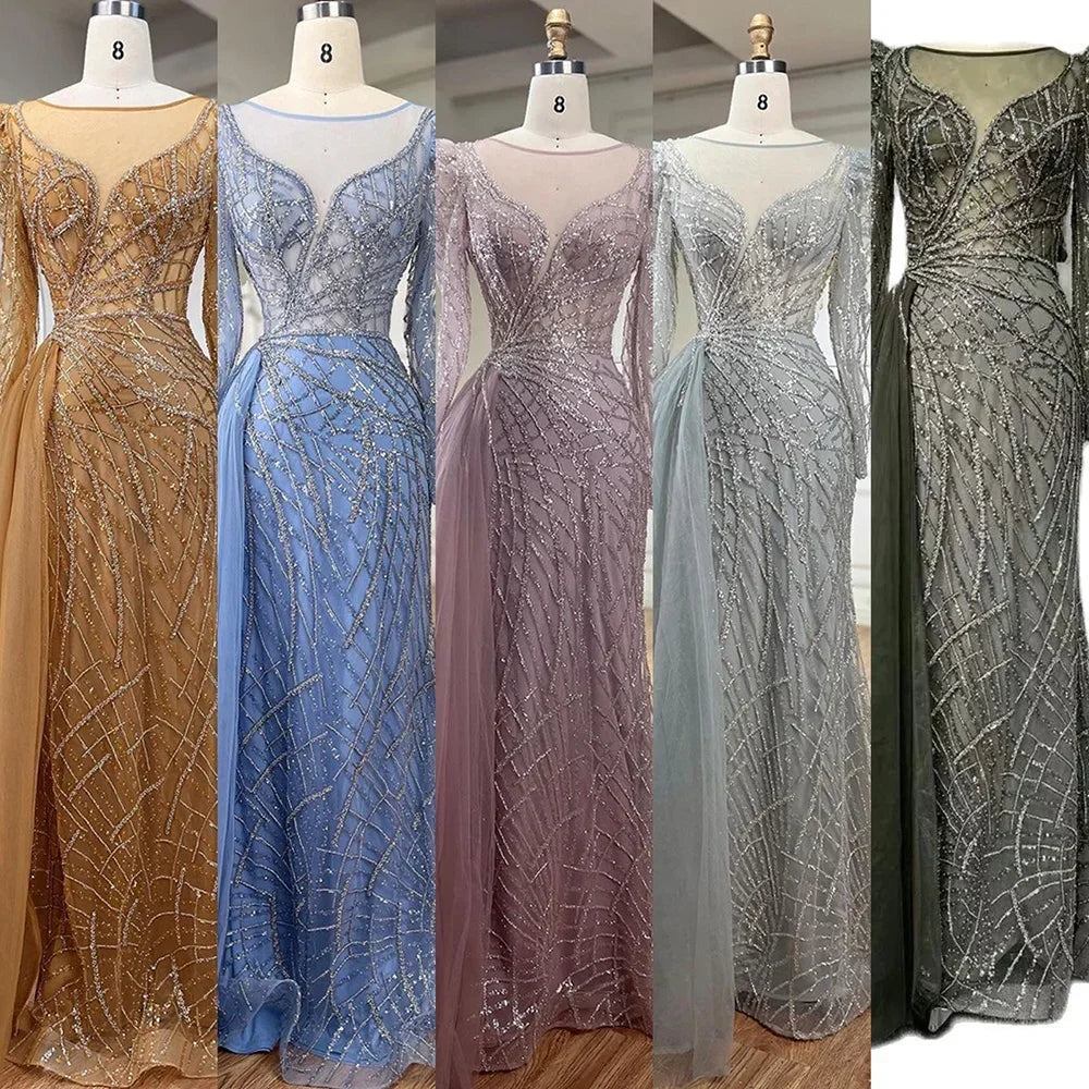 Luxury Muslim Gold Mermaid Evening Dress with Beaded Details & Overskirt - Dubai Style Formal Gown for Women 2025 (LA72206) | Perfect for Weddings, Galas & Special Occasions