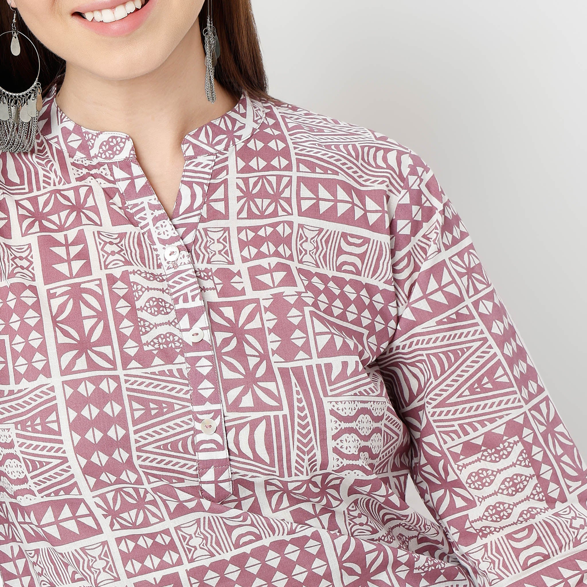 Stylish Printed Short Kurti with Three-Quarter Sleeves & Straight Fit | Perfect for Casual Wear, Festivals & Ethnic Outfits | Women's Band Neck Kurta