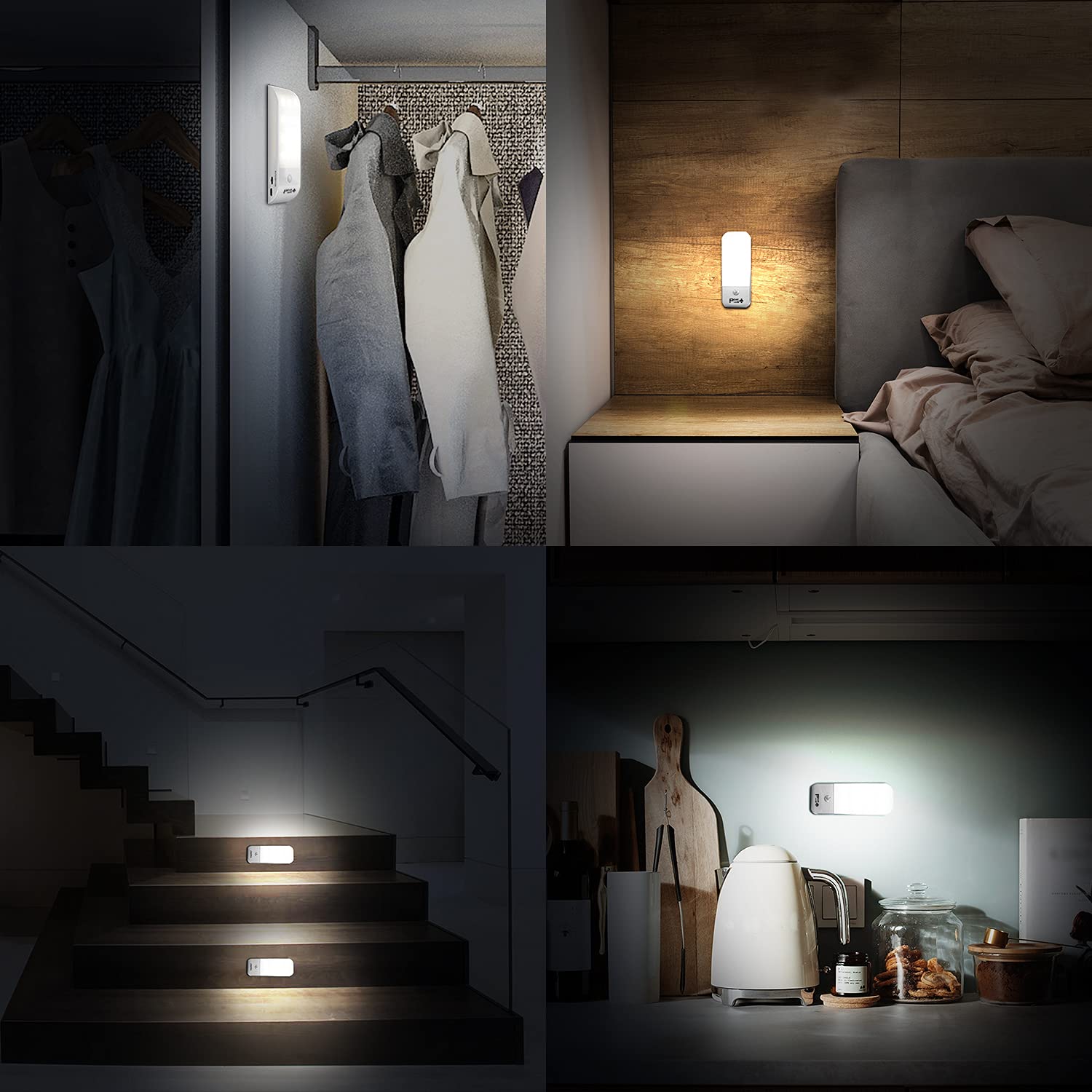 PeakPlus LED Closet Lights Motion Activated - Wireless Rechargeable Under Cabinet Lighting with Motion Sensor - Battery Powered LED Light Strips for Closet, Hallway, Stairs (4 Pack) - Perfect for Home, Office, and Dark Spaces