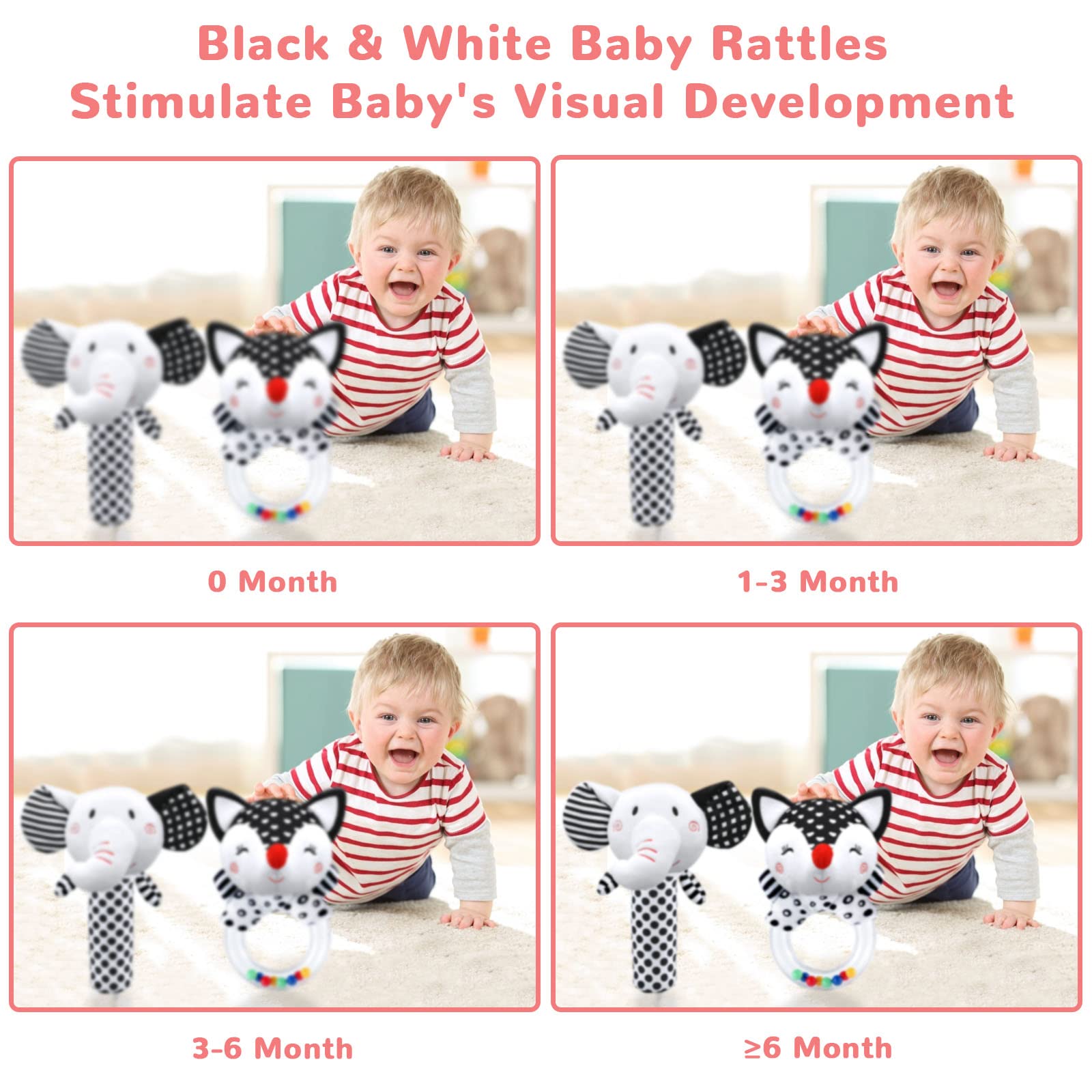 High Contrast Black & White Baby Rattles & Plush Toys for Newborns 0-3 Months - Sensory Development & Early Learning Infant Toys for Crib, Stroller & Playtime