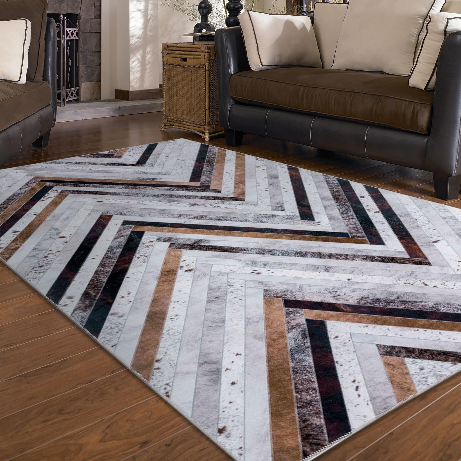 DECOMALL Washable Area Rugs - Modern Geometric Faux Cowhide Patchwork Rug 9x12ft, Non-Slip Large Carpet for Living Room, Bedroom, Office - Soft & Durable Home Decor for Family Gatherings & Relaxation