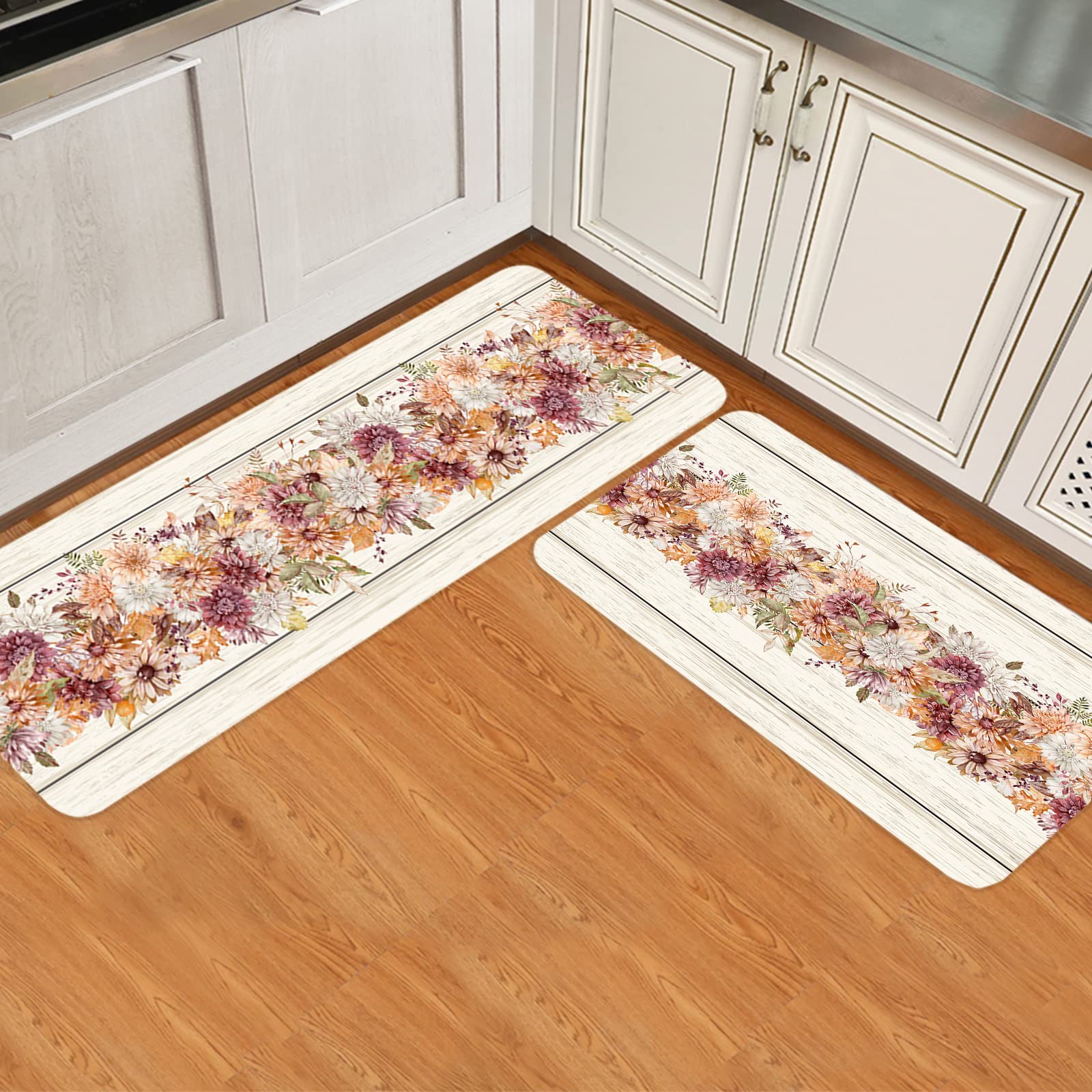1067-Piece Blossom Autumn Flowers Kitchen Rugs and Mats Set - Non-Slip Washable Farmhouse Wooden Doormats, Absorbent Floor Carpet for Kitchen Sink, Entryway & Home Decor - Perfect for Farmhouse, Retro & Floral Interior Design Styles