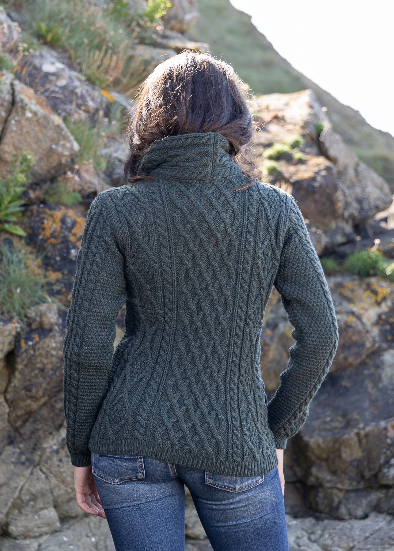 Aran Bikers Claddagh Side Zip Cardigan for Women - Army Green Irish Wool Sweater | Perfect for Motorcycle Riding, Casual Outfits & Cold Weather