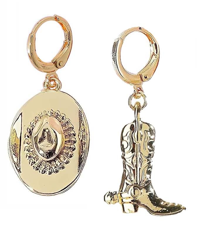 Western Style Gold Cowgirl Boot Hat Dangle Drop Earrings for Women | Dallas Cowboy Silver Jewelry | Perfect for Country Concerts, Rodeos & Western Fashion