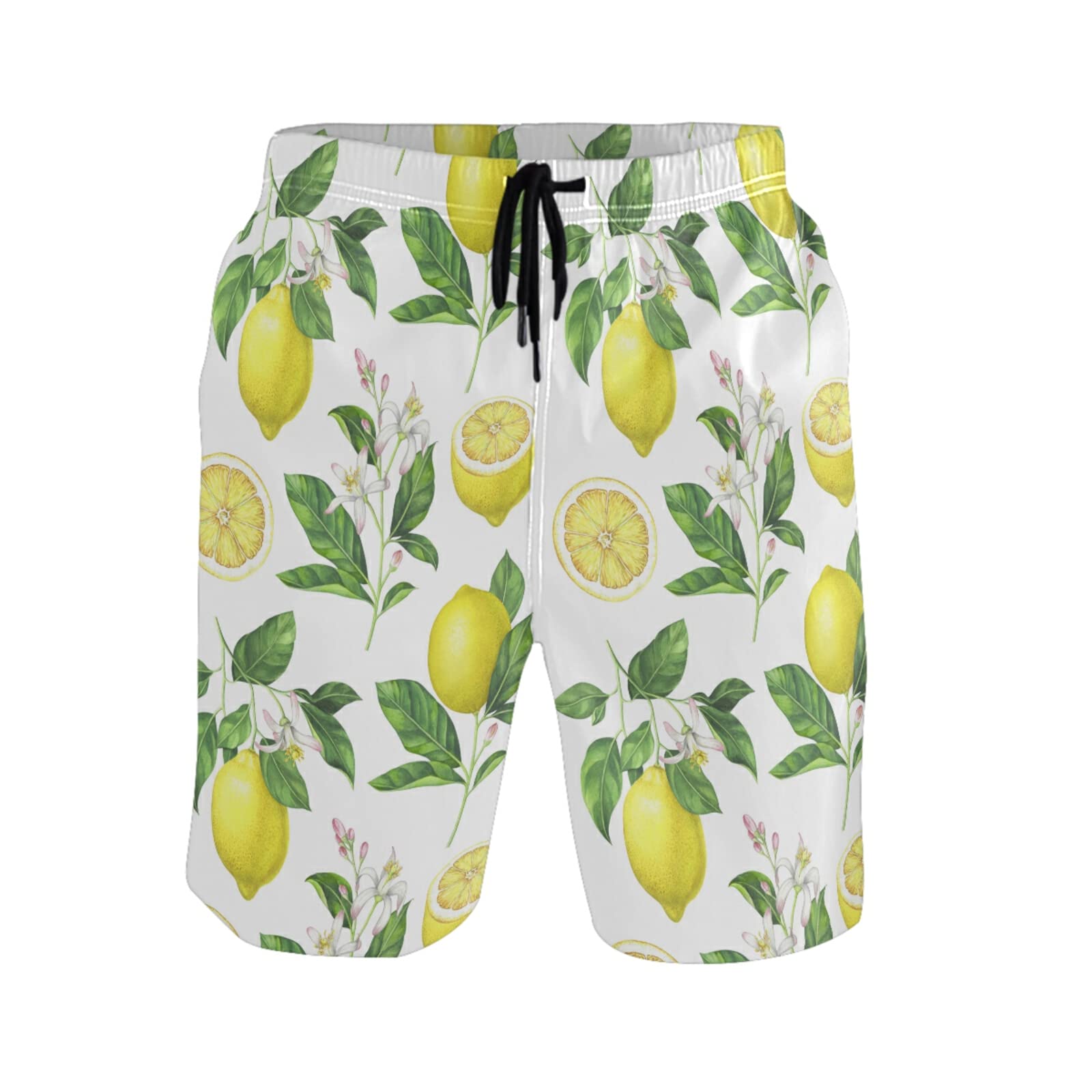 **Men's Quick Dry Swim Trunks - Lemon Floral Print Beach Board Shorts with Pockets | Lightweight & Comfortable for Swimming, Surfing, Vacation & Summer Activities**