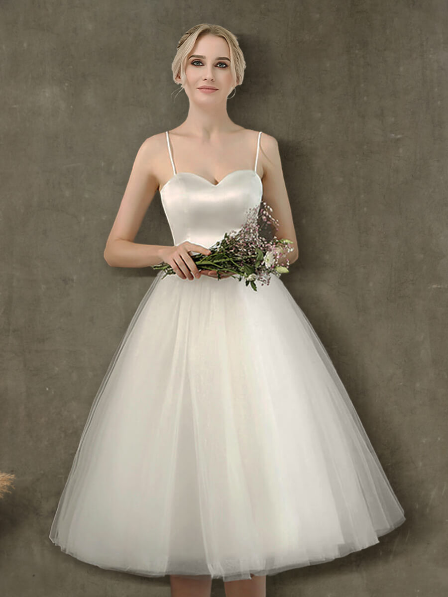 Elegant A-Line Ballet Spaghetti Straps Sweetheart Satin Tulle Short Wedding Dress for Bride, Bridesmaid, or Prom - Perfect for Beach Weddings, Vow Renewals & Romantic Photo Shoots