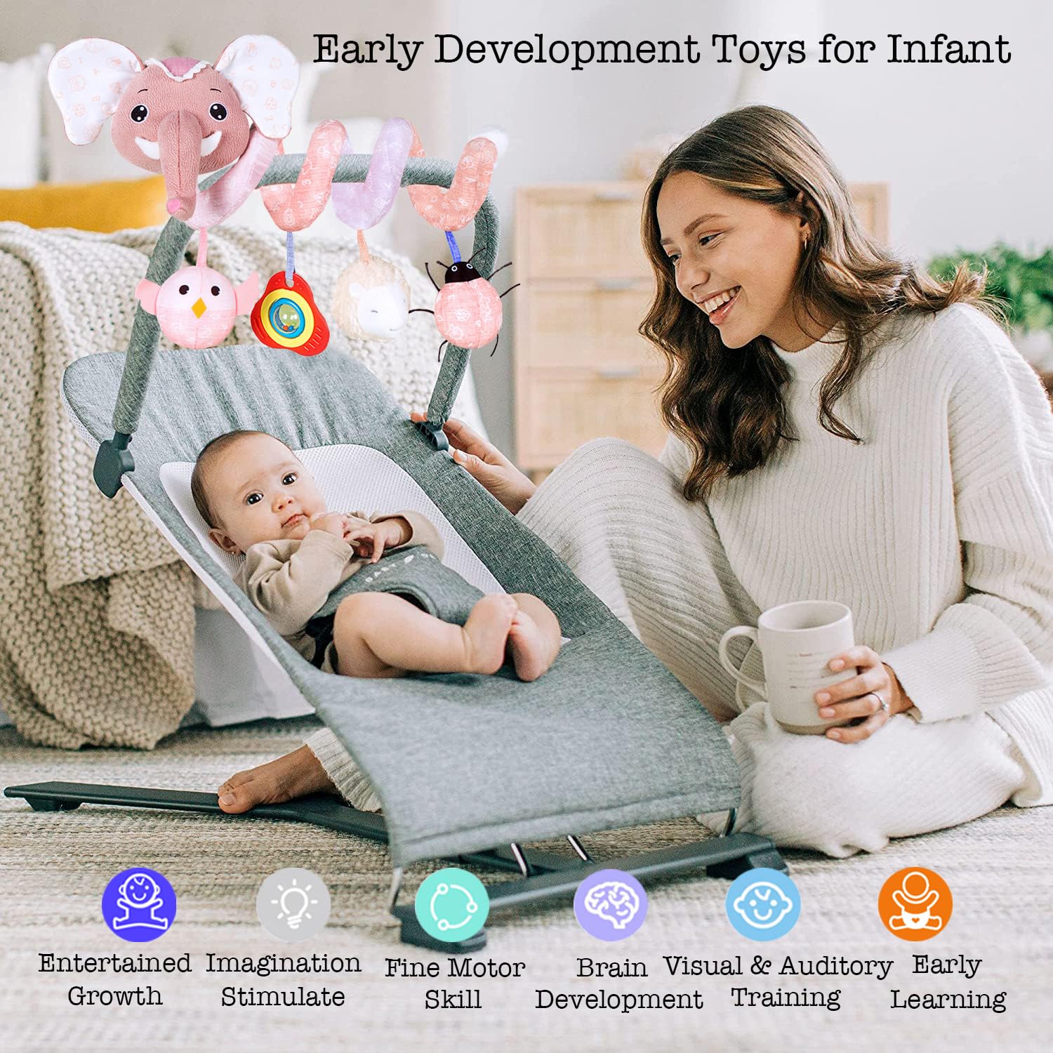 Pink Elephant Baby Car Seat Toys - Spiral Hanging Developmental Toys for Newborns 0-12 Months | Crib, Bassinet & Stroller Mobile | Early Learning Sensory Toy for Infant Girls & Boys | Perfect for Road Trips & Nursery Decor