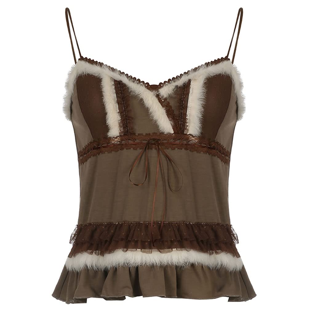 Vintage Lace Ruffles Patchwork Cami Top - Cute Retro Strap Summer Crop Top for Women (Brown, Size L) | Perfect for Beach Outfits, Music Festivals & Boho Fashion
