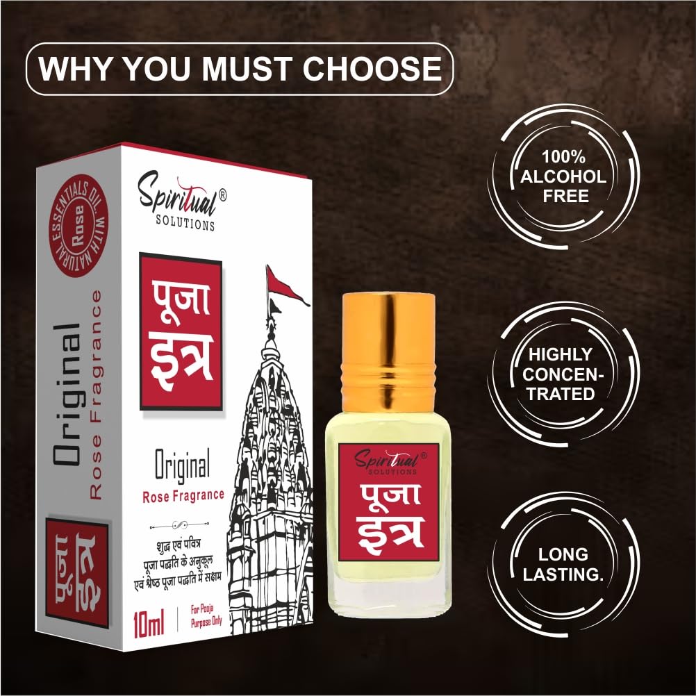 SPIRITUAL SOLUTIONS Pooja Itra Rose 10ml | Premium Natural Fragrance Oil for Home Temple & Meditation | Pure Rose Scent for Worship, Pooja Rituals & Spiritual Relaxation | Perfect for Daily Prayer, Yoga & Aromatherapy