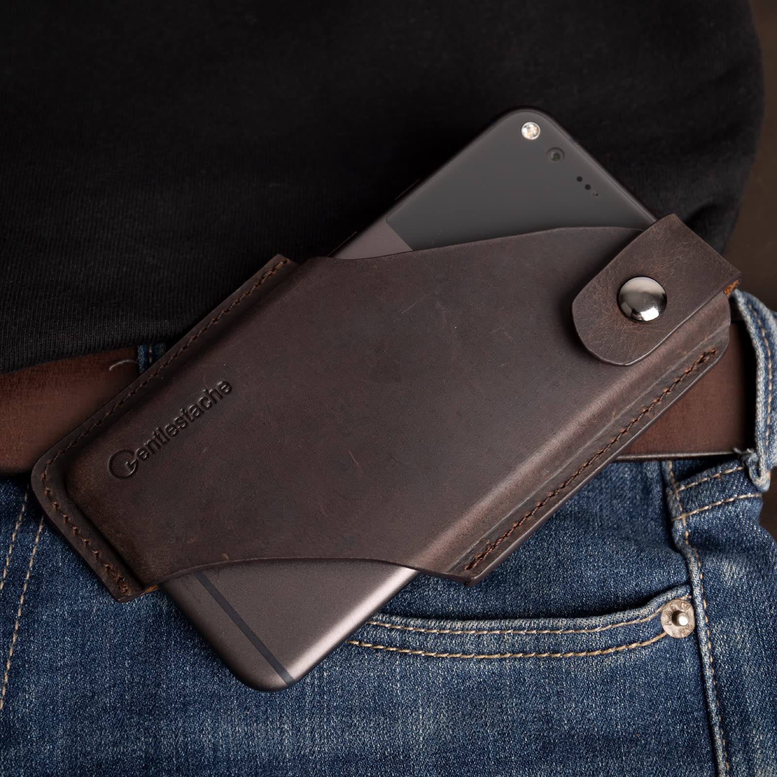Gentlestache Leather Cell Phone Holster with Belt Clip - Premium Leather Phone Pouch for iPhone, Samsung & Motorola - Belt Loop Case for Men & Women - Medium Size Dark Brown - Perfect for Outdoor, Work & Travel
