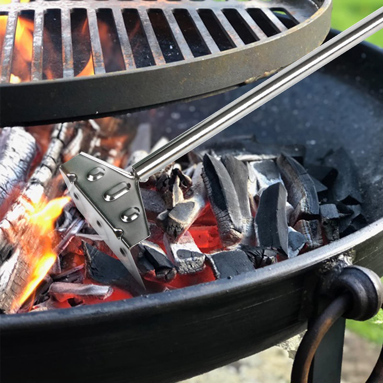 Heavy Duty Charcoal Grill Rake with Rubber Handle - 32 Inch Ash Tool for Kettle Grills & Pizza Ovens - Perfect for Backyard BBQs, Camping & Outdoor Cooking