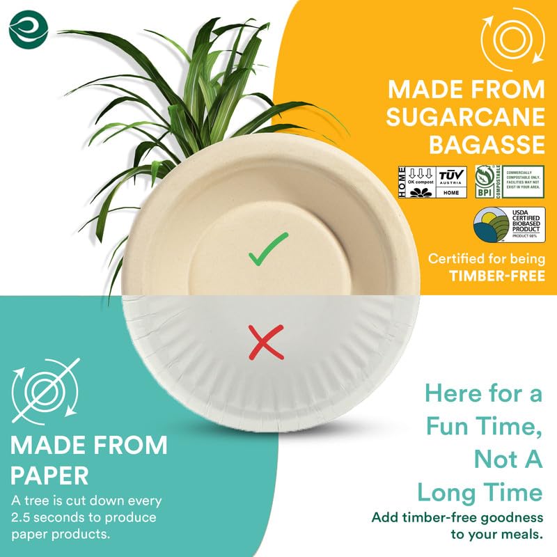 Eco-Friendly 350ml Disposable Bagasse Bowls (50 Pack) - Biodegradable Sugarcane Fiber Bowls for Snacks, Dinner, Parties & Weddings - Round Beige Compostable Tableware for Sustainable Events & Catering