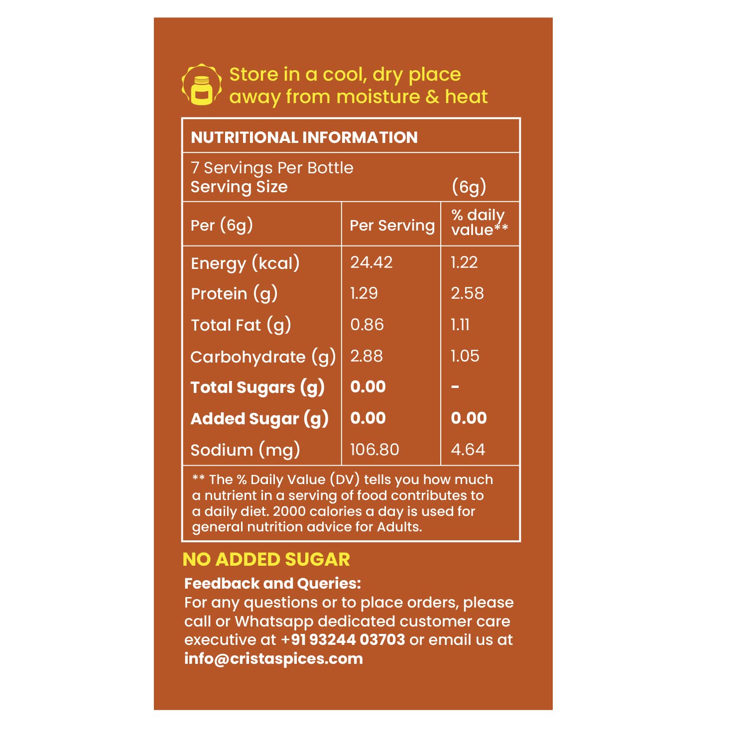 CRISTA 45g Savory Indian Curry Powder - All Natural Spice Blend | No Sugar, Onion, Garlic | Vegan, No Additives | Perfect for Vegan Dishes, Soups & Rice | Authentic Indian Flavor
