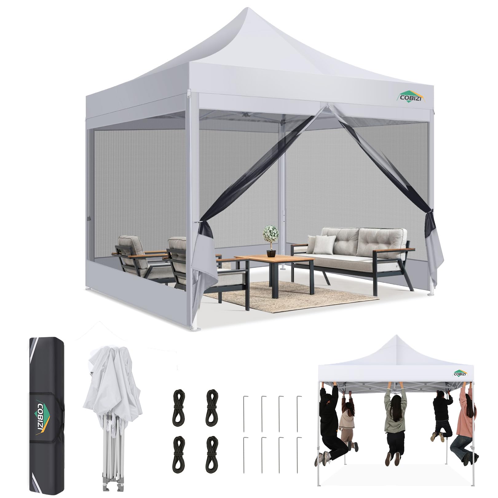 COBIZI 10x10 Heavy Duty Pop Up Canopy Tent with Waterproof Sidewalls & Mosquito Netting - Easy Setup Instant Shelter for Outdoor Parties, Weddings, Backyard Events - Includes Carry Bag (White)