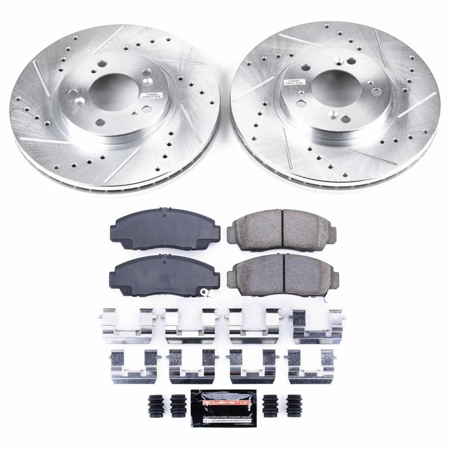 Power Stop K2309 Z23 Carbon Fiber Brake Pads & Drilled/Slotted Rotors Kit for 1999-2004 Acura RL - High Performance Braking for Daily Driving & Mountain Roads