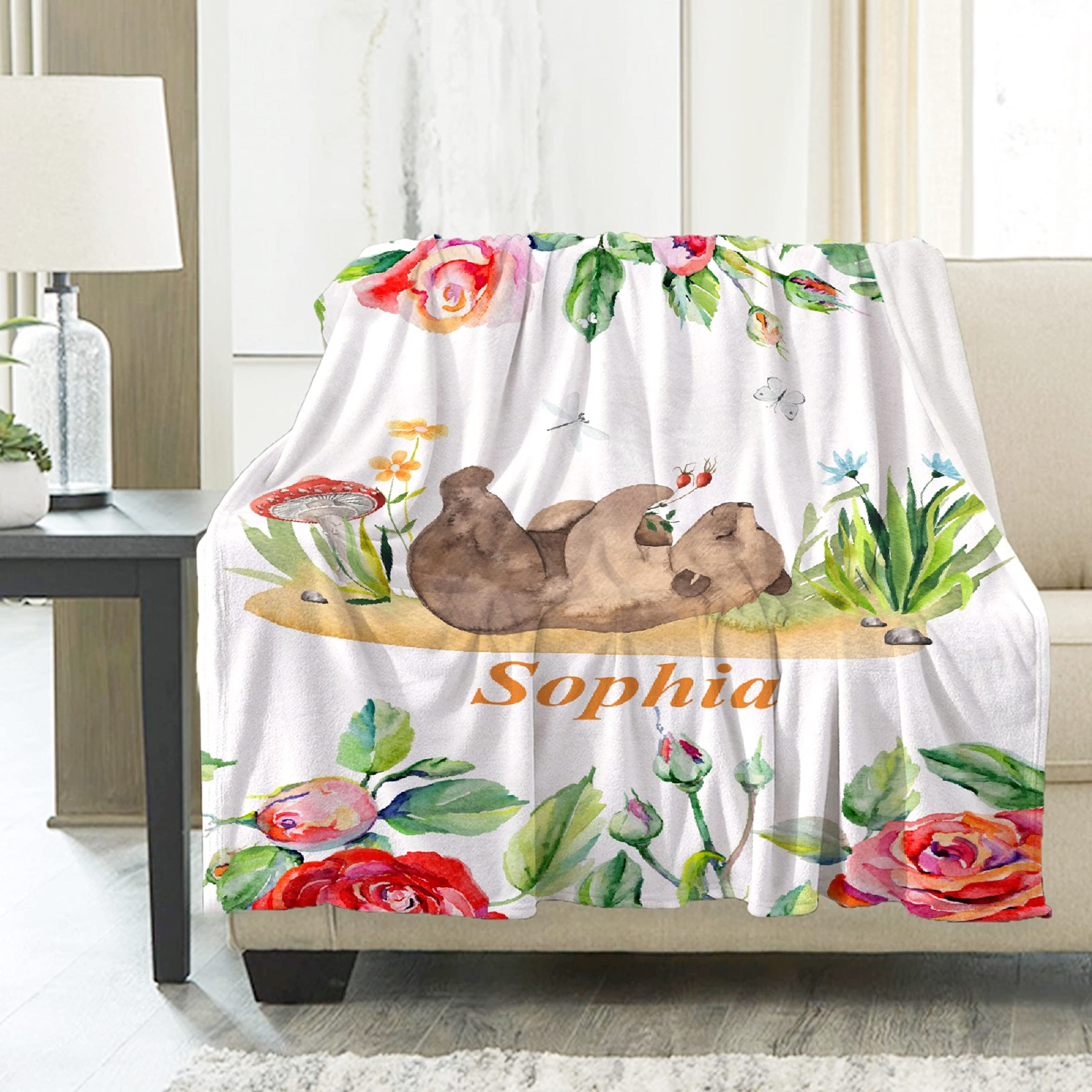 Personalized Baby Blanket with Name - Custom Bear & Flower Design for Boys & Girls - Ultra Soft Lightweight Flannel Fleece Blanket (90