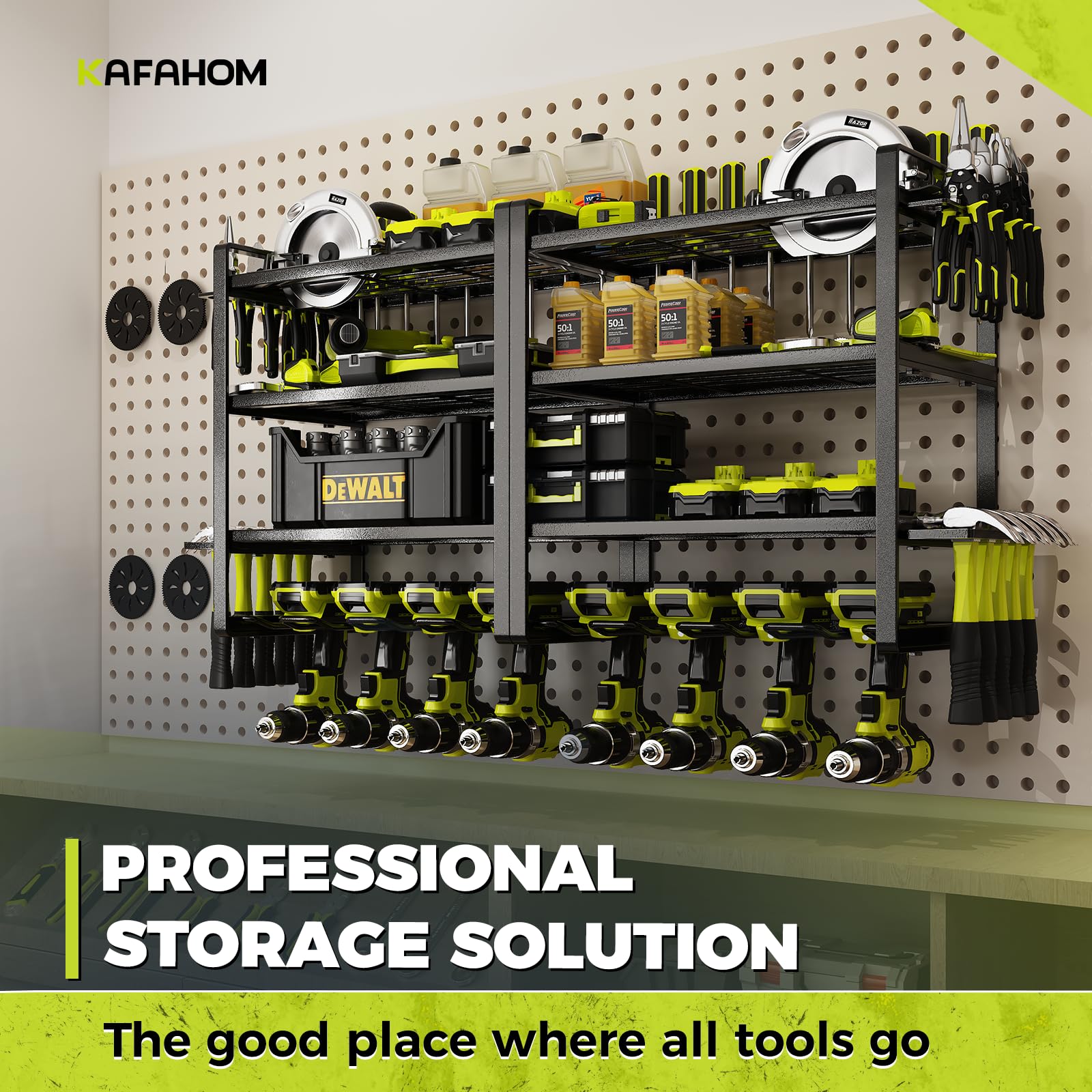 KAFAHOM 8 Drill Holder Wall Mount Tool Organizer - 4 Layer Garage Storage Rack for Power Tools, Screwdrivers, Pliers & Hammers | Perfect for Workshop, Garage & DIY Projects