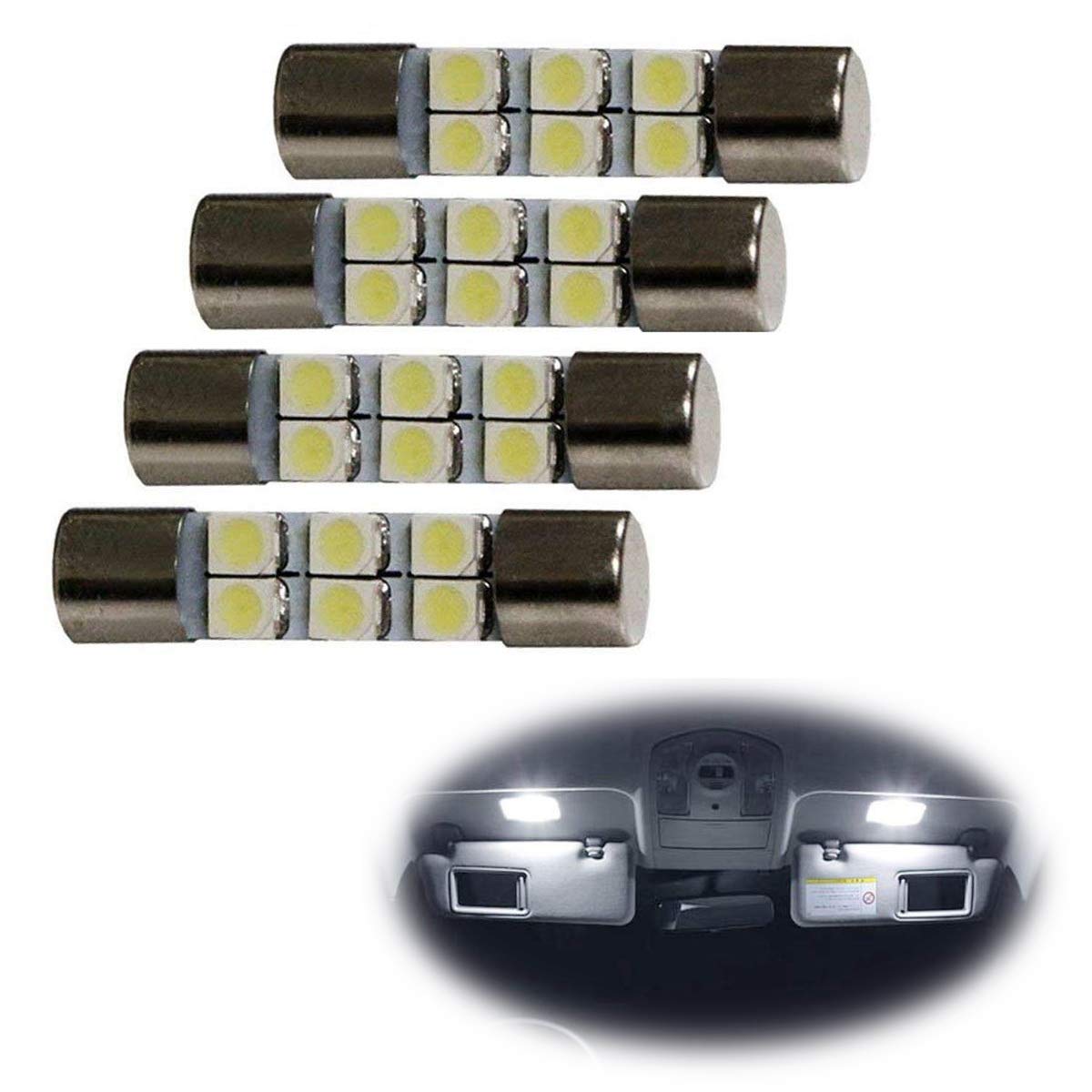 4-Piece White 6 SMD 29mm 6641 LED Bulbs - Replacement Lights for Car Sun Visor Vanity Mirror - Perfect for Interior Lighting, Night Driving, and Makeup Application