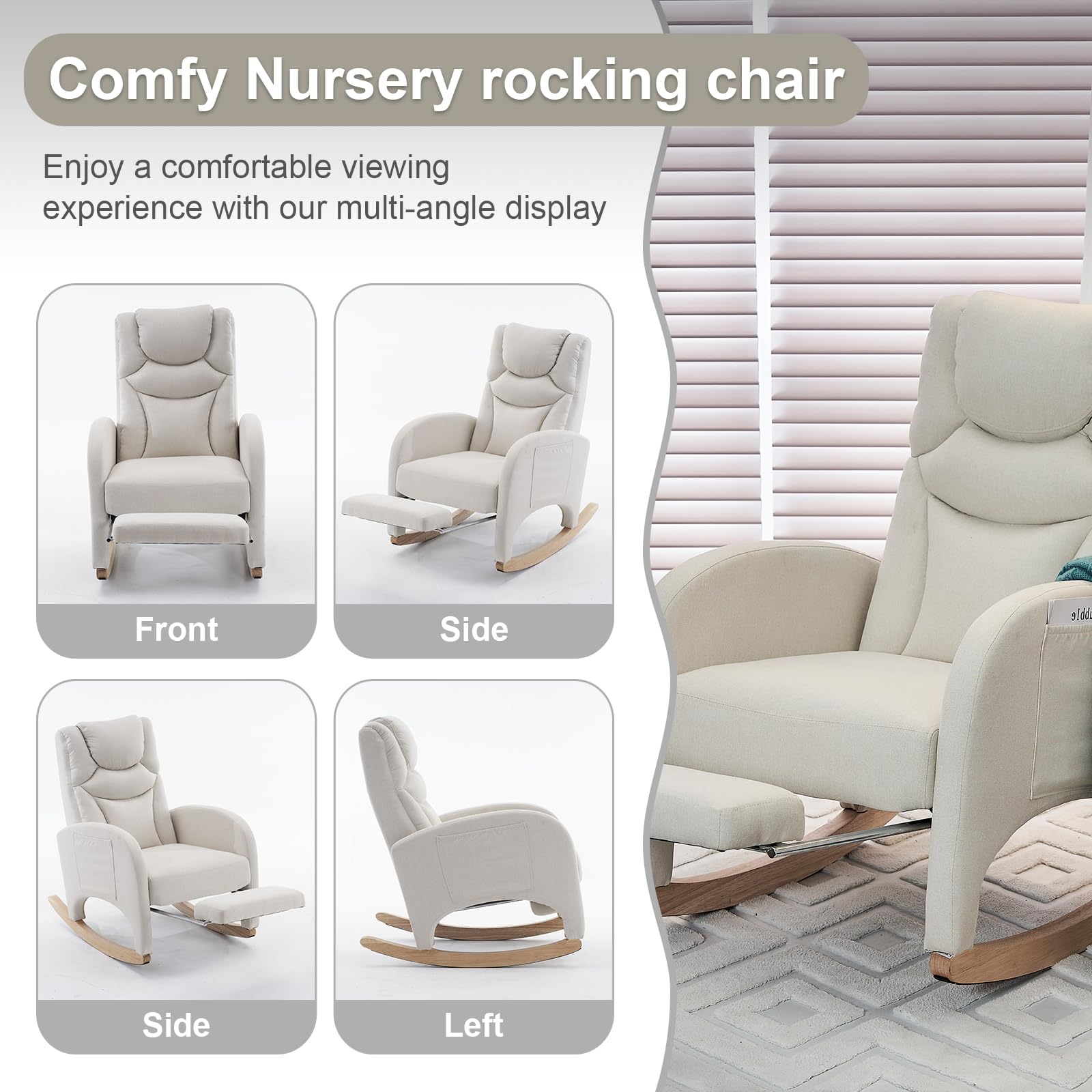 Comfy Cotton Linen Nursery Rocking Chair with Adjustable Footrest & High Backrest - Glider Rocking Armchair for Nursery, Bedroom or Living Room - Beige Accent Chair for Breastfeeding, Reading & Relaxing