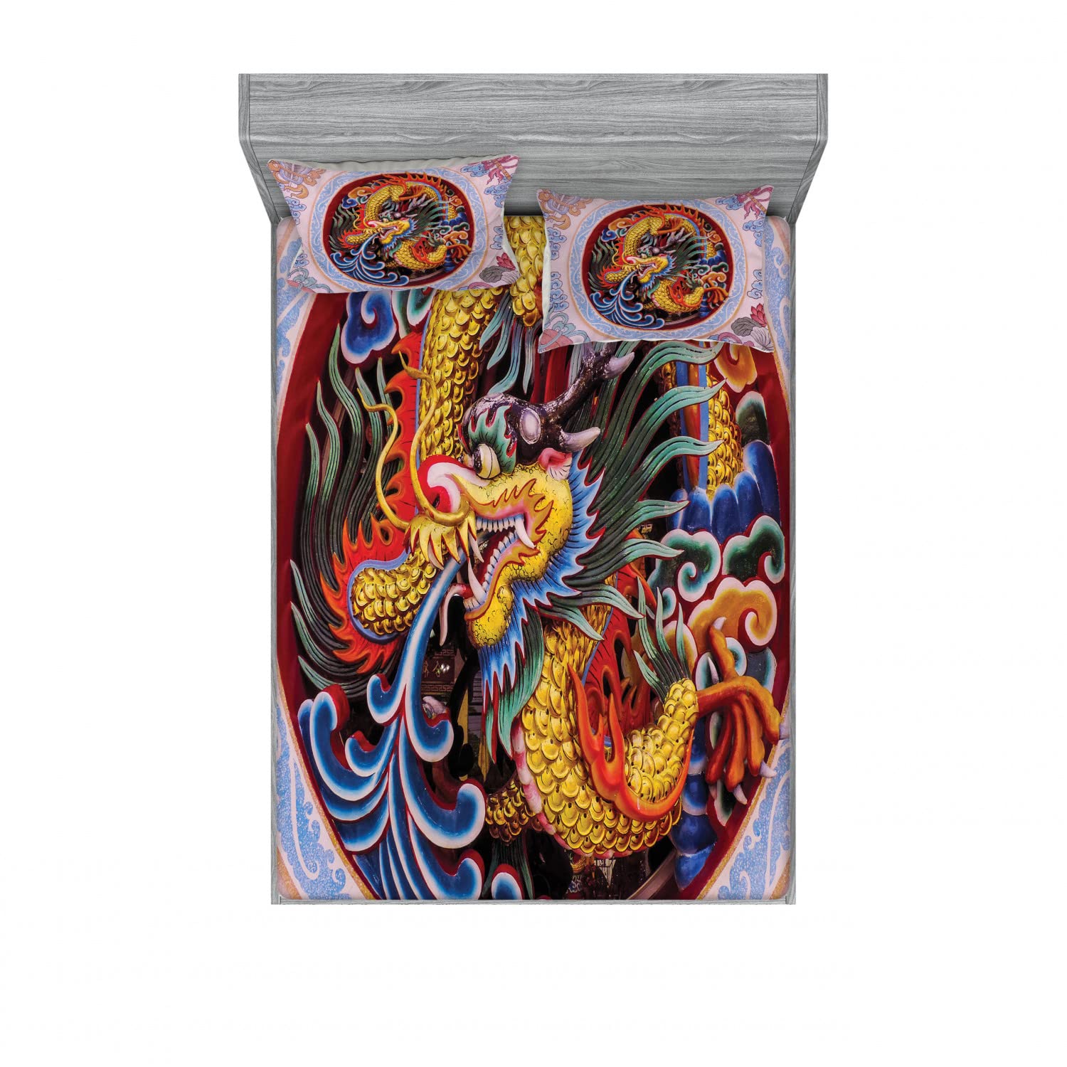 Ambesonne 2-Pack Queen Size Fitted Sheet Set with 4 Pillow Shams - Chinese Dragon Mythical Floral Design in Yellow & Blue - Luxury Bedding Decor for Master Bedroom, Guest Room & Dorm - Wrinkle Resistant & Easy Care
