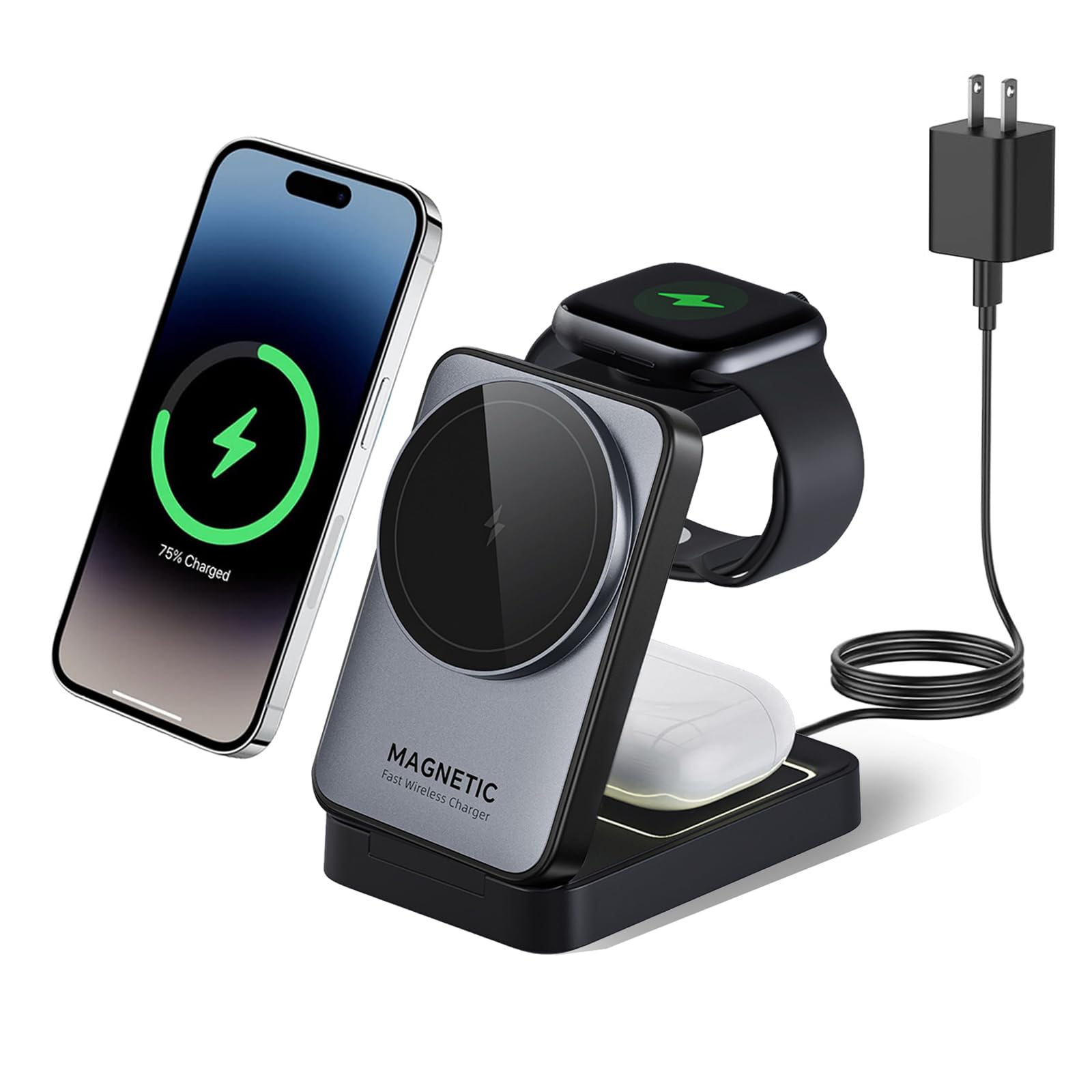 3-in-1 Foldable Wireless Charging Station - 15W Fast MagSafe Charger Stand for iPhone 15/14/13/12, Apple Watch & AirPods Pro | Portable Travel Charger for Home, Office & Car (Black)