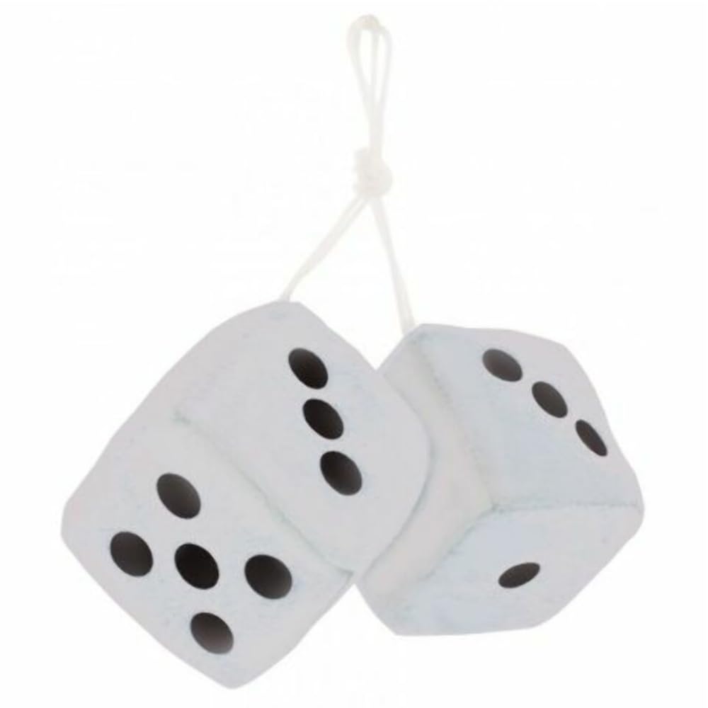 United Pacific 3 Inch White Fuzzy Dice with Black Dots - Classic Car Accessories for Rearview Mirror, Vintage Auto Decor, Hot Rod & Custom Vehicle Interior Styling