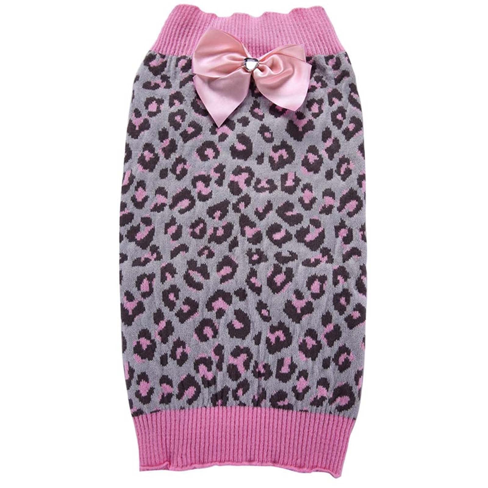 Leopard Print Sweater for Small Dogs - Cute Pink Winter Pet Clothes with Bowknot for Puppies & Girl Dogs | Warm Outfit for Cold Weather Walks & Indoor Cozy Time
