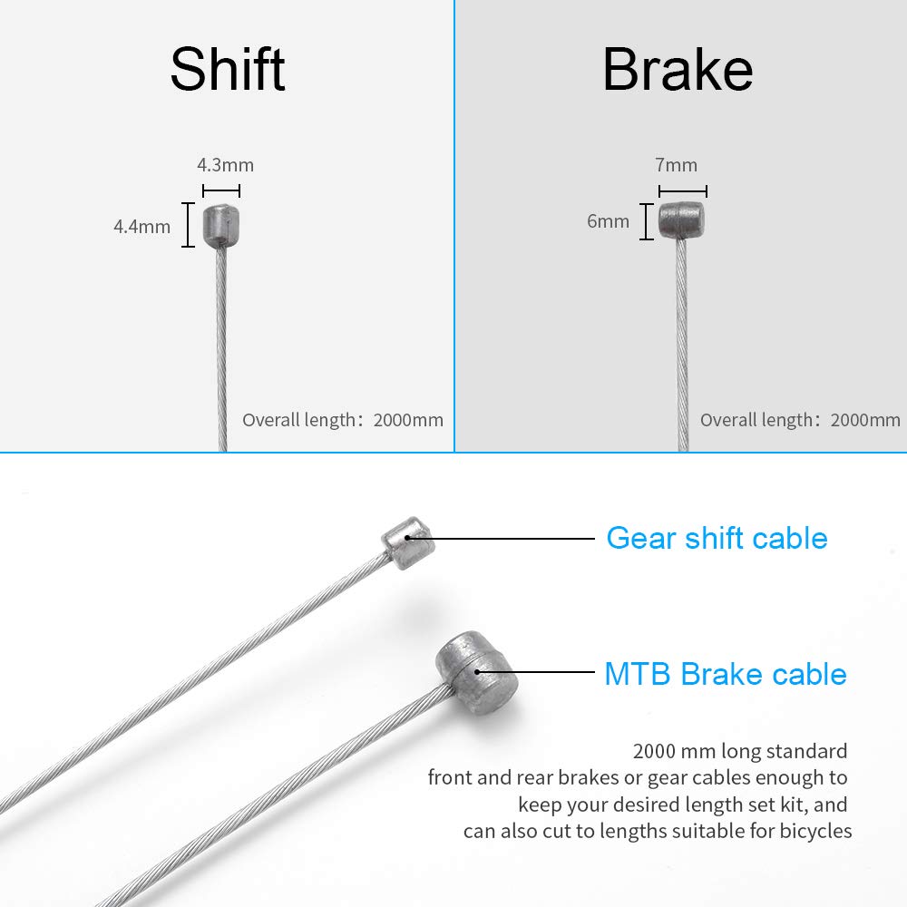 Universal Mountain Bike Brake & Gear Shift Cable Kit - 2M Long Inner Wire Set with Alloy End Caps - Compatible with MTB & Mountain Bikes - Perfect for Brake Replacement & Gear Adjustment