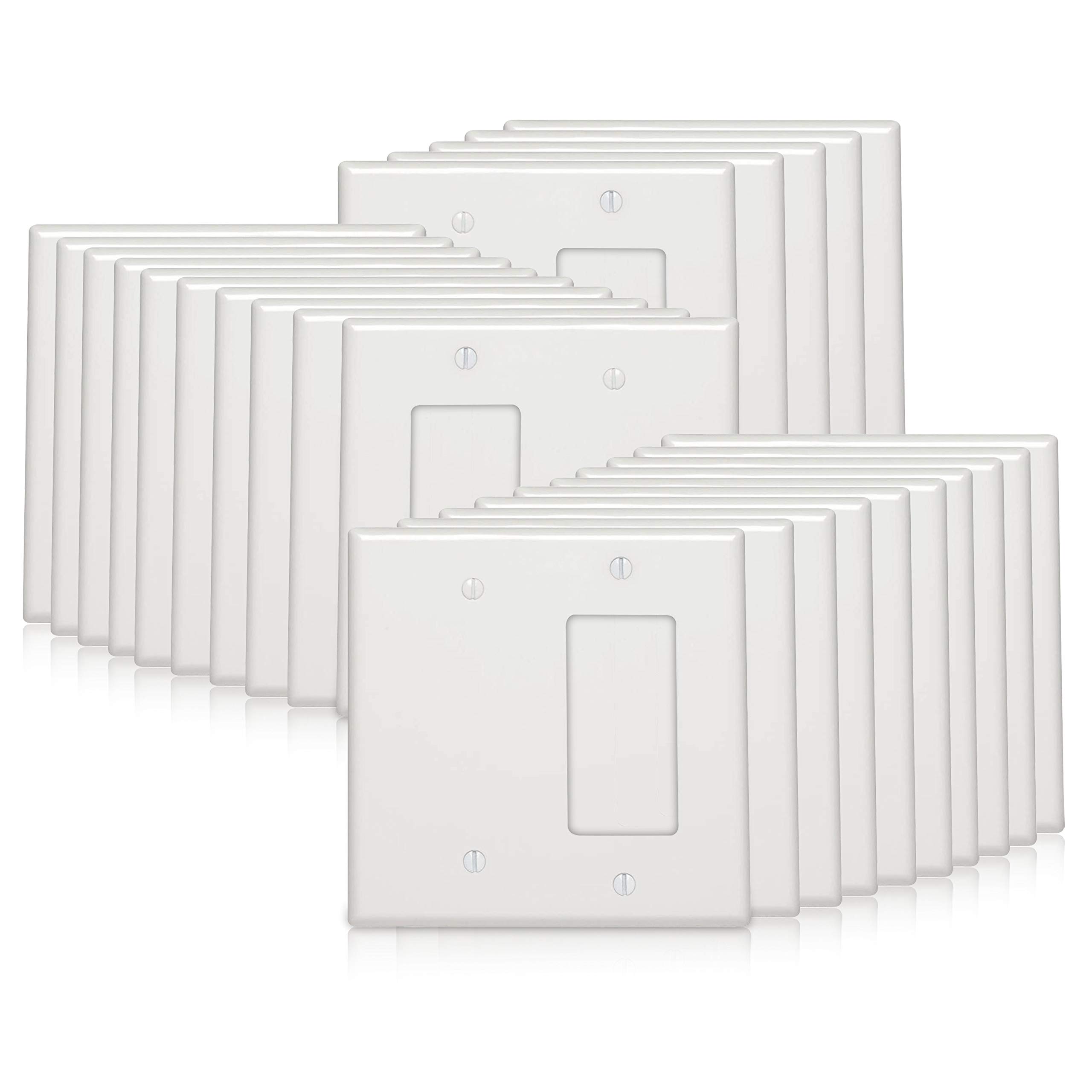 OhLectric 2 Gang 1 GFCI 1 Blank Wall Plate - Premium Lexan Material - Standard Size Decora Wall Plate - White (Pack of 25) - OL-41035 - Perfect for Home, Office & Commercial Electrical Installations